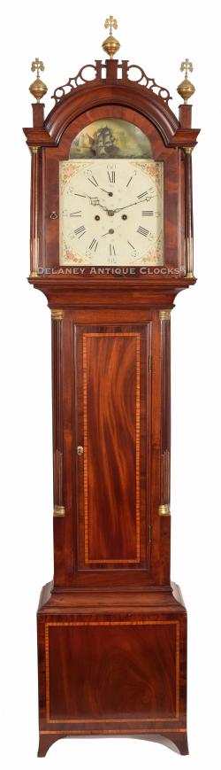 Calvin Bailey of Hanover, Mass. An inlaid mahogany case tall clock featuring a rocking ship automated dial. 222004.