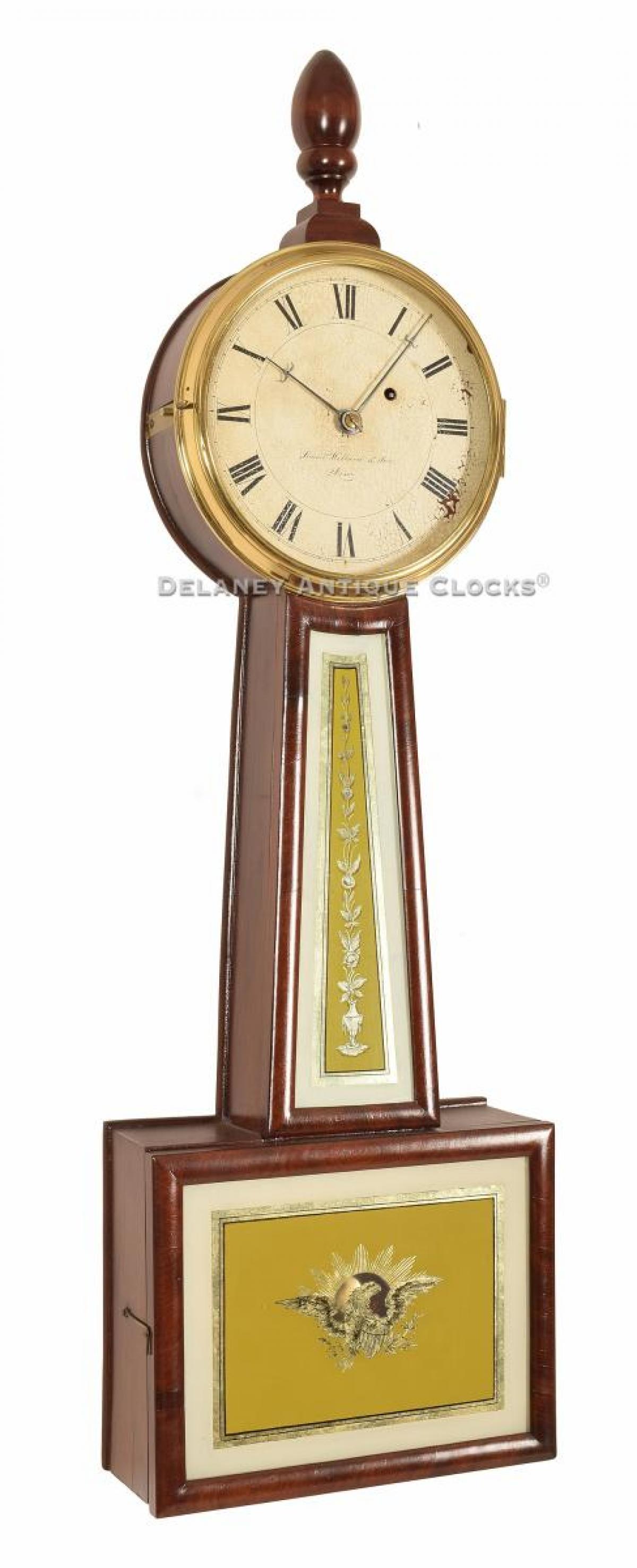 This Federal Massachusetts wall Timepiece or "Banjo clock" was made by the partnership of Simon Willard & Son in Boston, Mass. Signed and numbered on the dial, "No. 4611." 221215 Delaney Antique Clocks