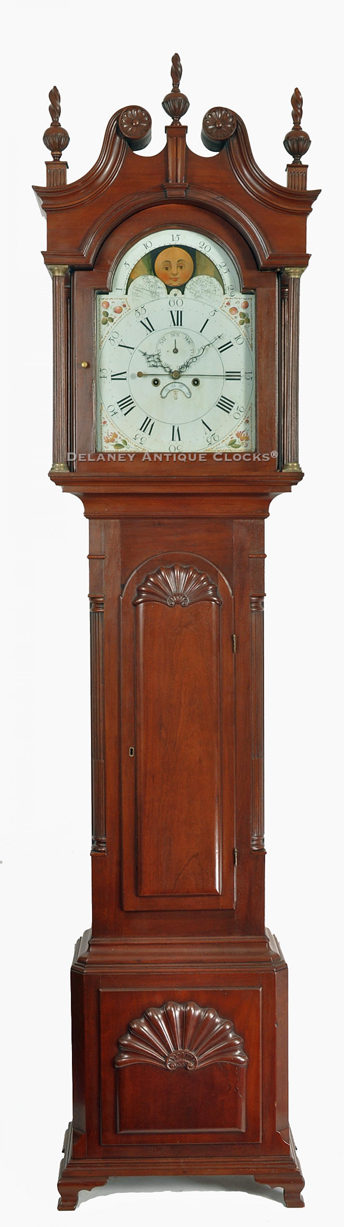 A Federal era Block & Shell tall case clock made in Providence, Rhode Island, circa 1786. Attributed to Seril Dodge. SS138. Delaney Antique Clocks.