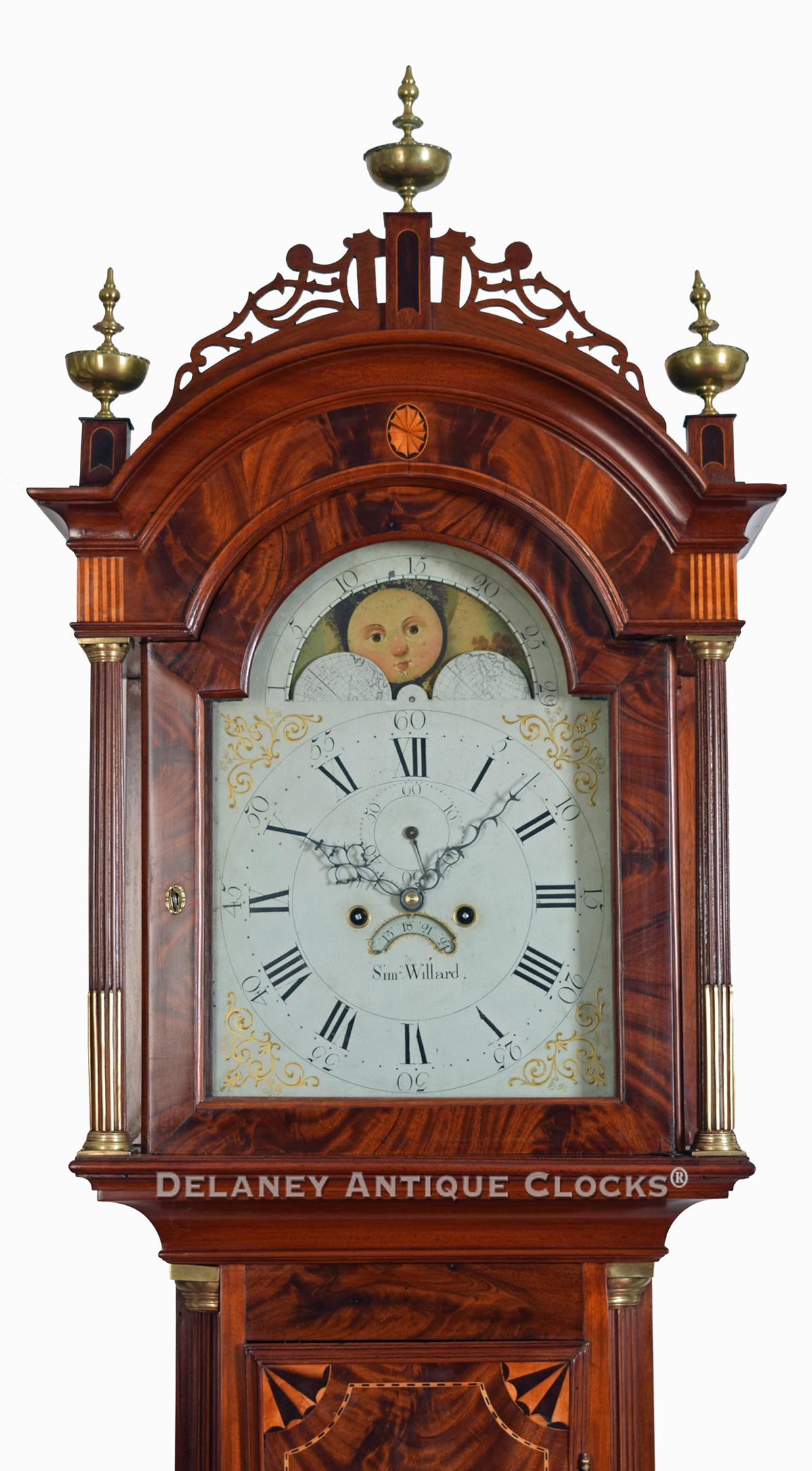 S. Willard tall clock. Badlam case. XX35. Delaney Antique Clocks.