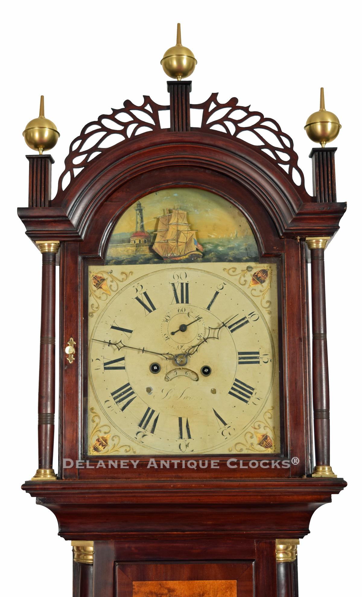 Benjamin Swan. Tall clock featuring a Rocking ship automated dial. 222041. Delaney Antique Clocks.