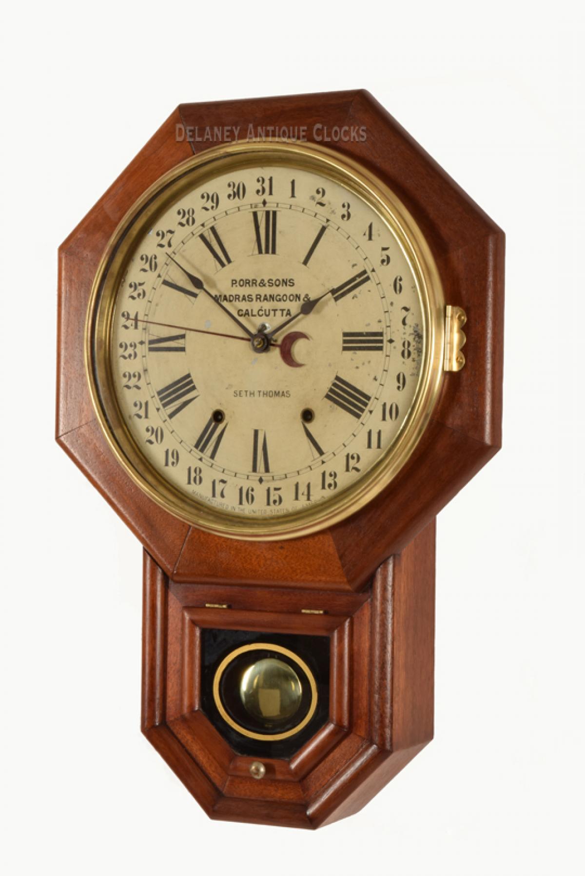 Seth Thomas 12 Inch Drop Octagon. Mahogany case. Time Strike & Calendar. Dated 1910. 217017.