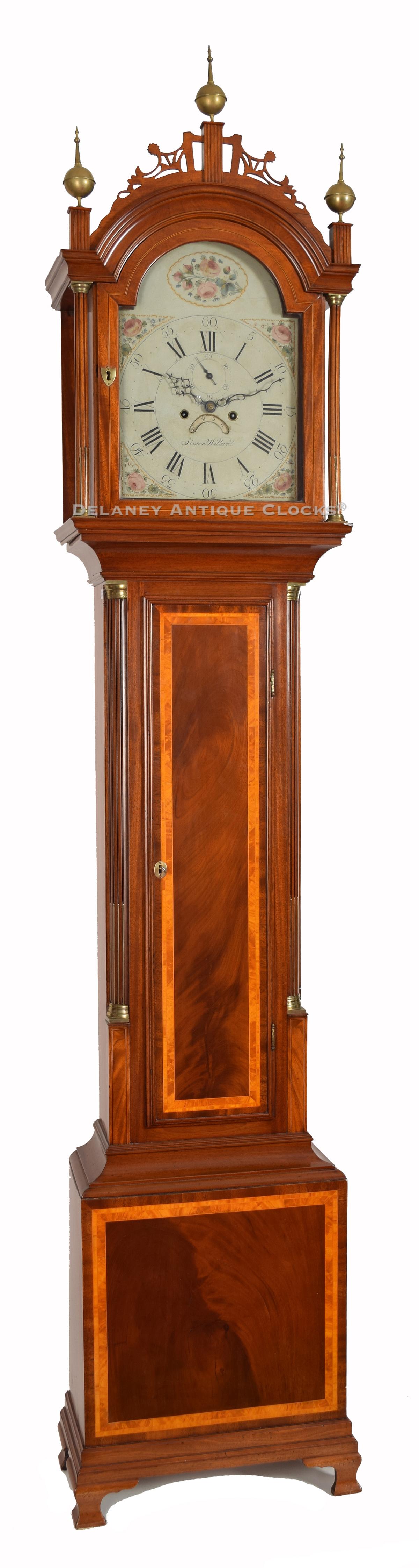 Simon Willard of Roxbury, Massachusetts. An attractive cross-banded mahogany-cased grandfather clock. 222119. Delaney Antique Clocks.