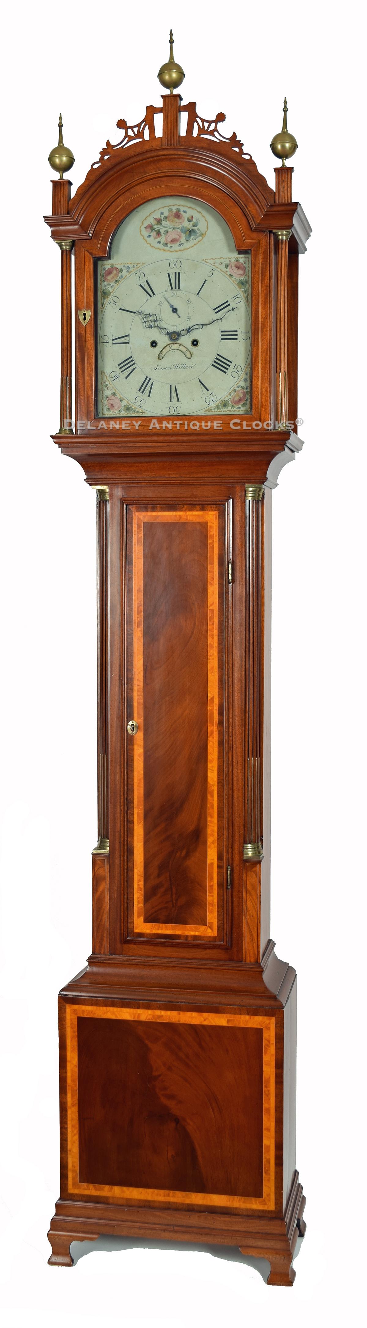 Simon Willard of Roxbury, Massachusetts. An attractive cross-banded mahogany-cased tall case clock. 222119. Delaney Antique Clocks.