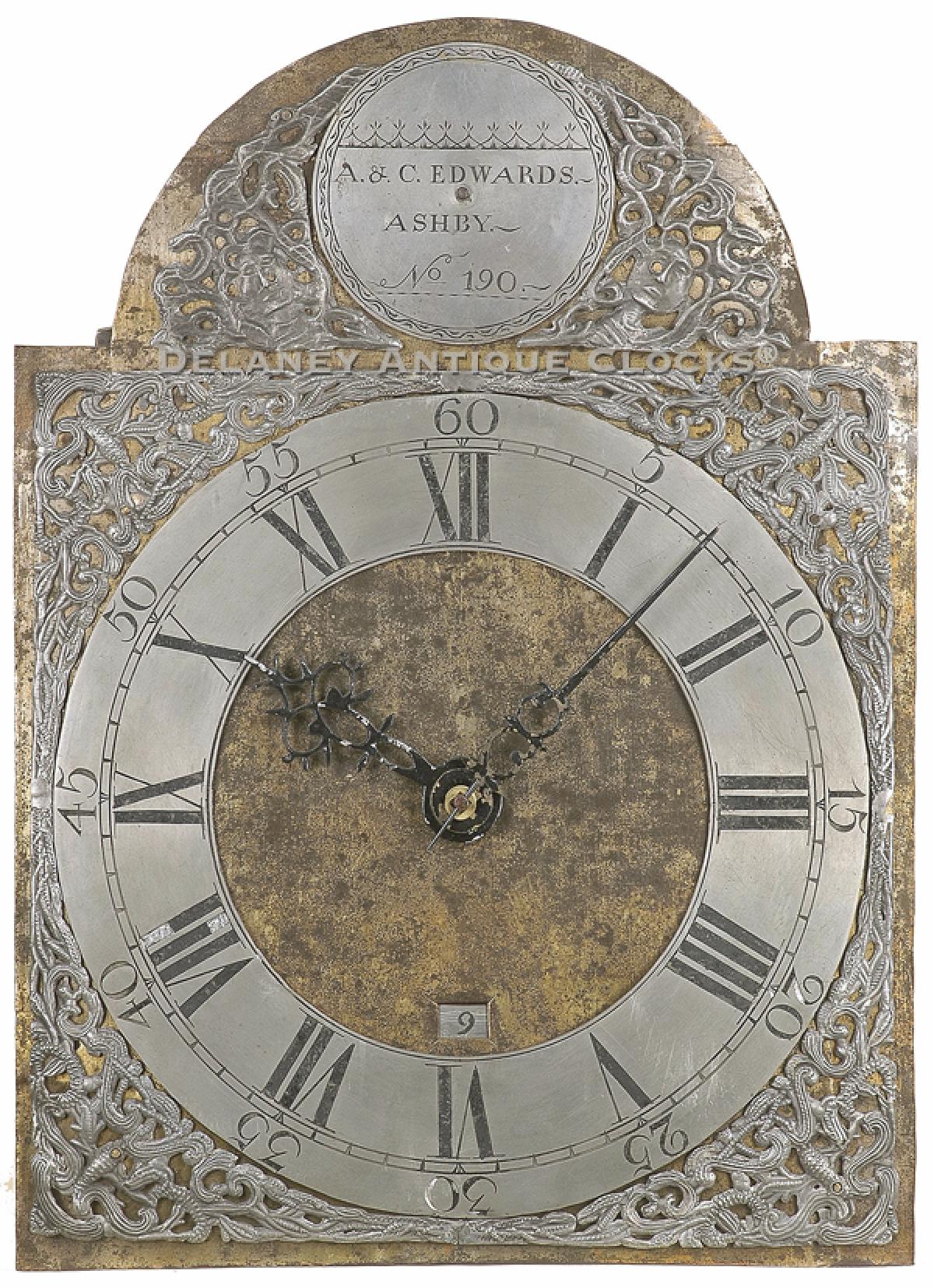 A & C Edwards of Ashby, Mass. No. 190. Tall clock dial. BBB-3. Delaney Antique Clocks.