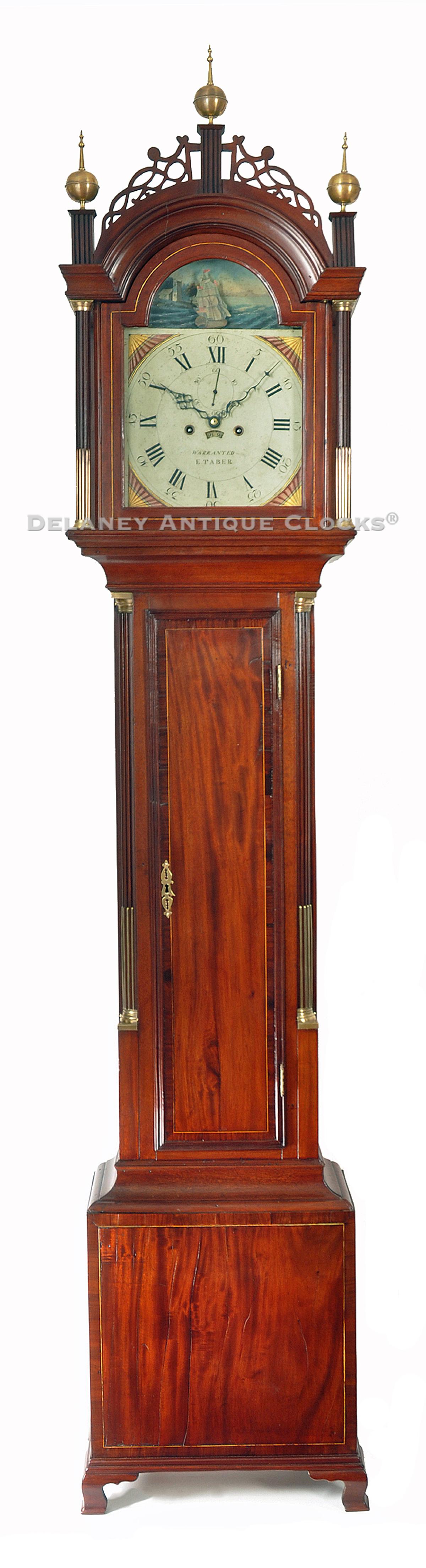 Elnathan Taber of Roxbury, Massachusetts. A labeled inlaid mahogany case tall clock featuring a rocking ship automated dial. TT-137.