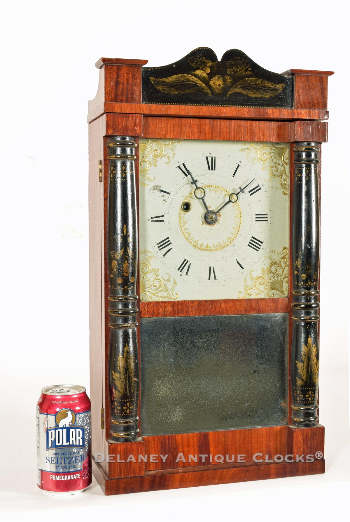 Spencer, Hotchkiss & Co. Salem Bridge, CT. A miniature shelf clock with brass movement. TT-84. Delaney Antique Clocks.