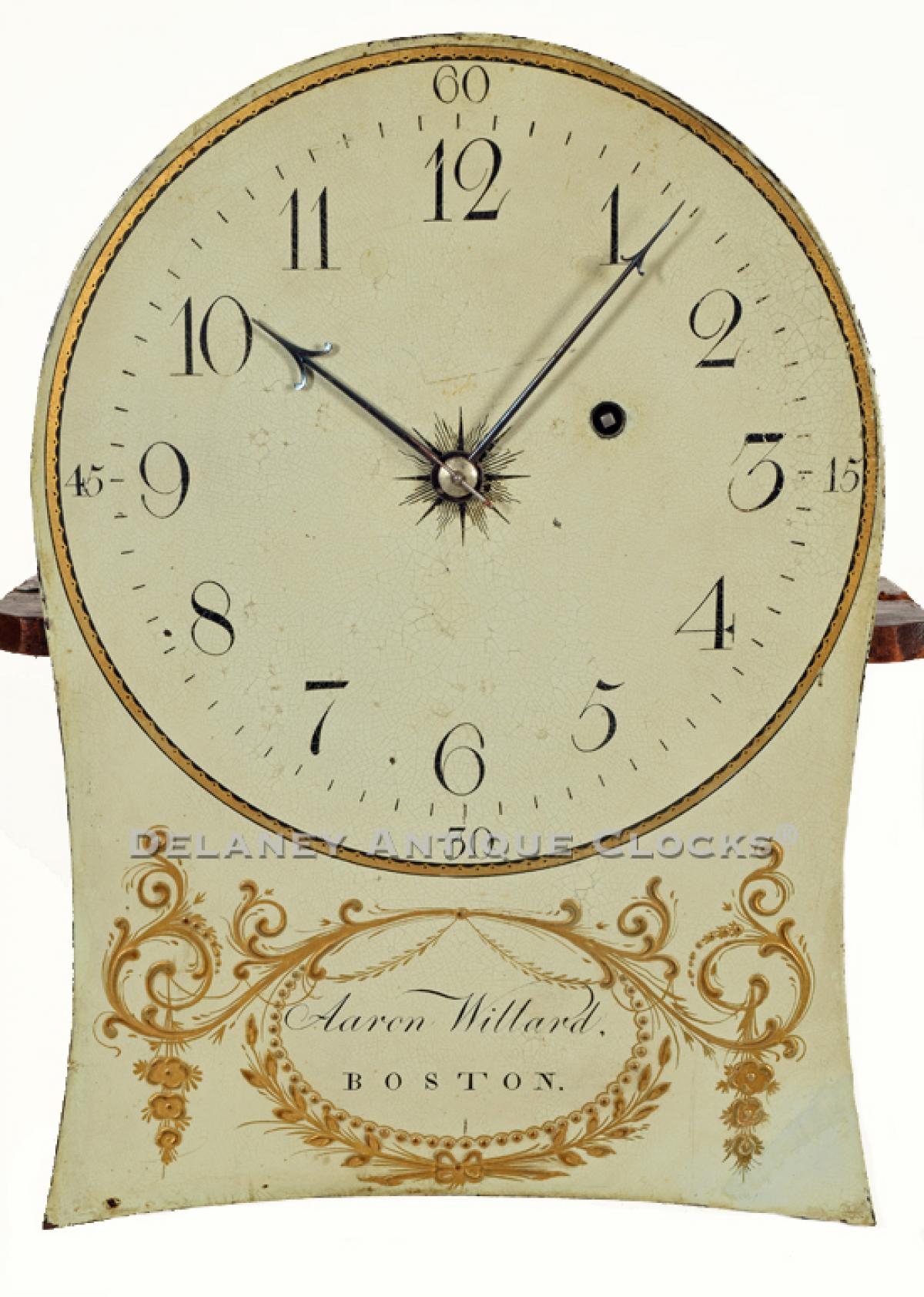 Aaron Willard Mass Shelf Clock dial. Boston. ZZ-6. Delaney Antique Clocks.