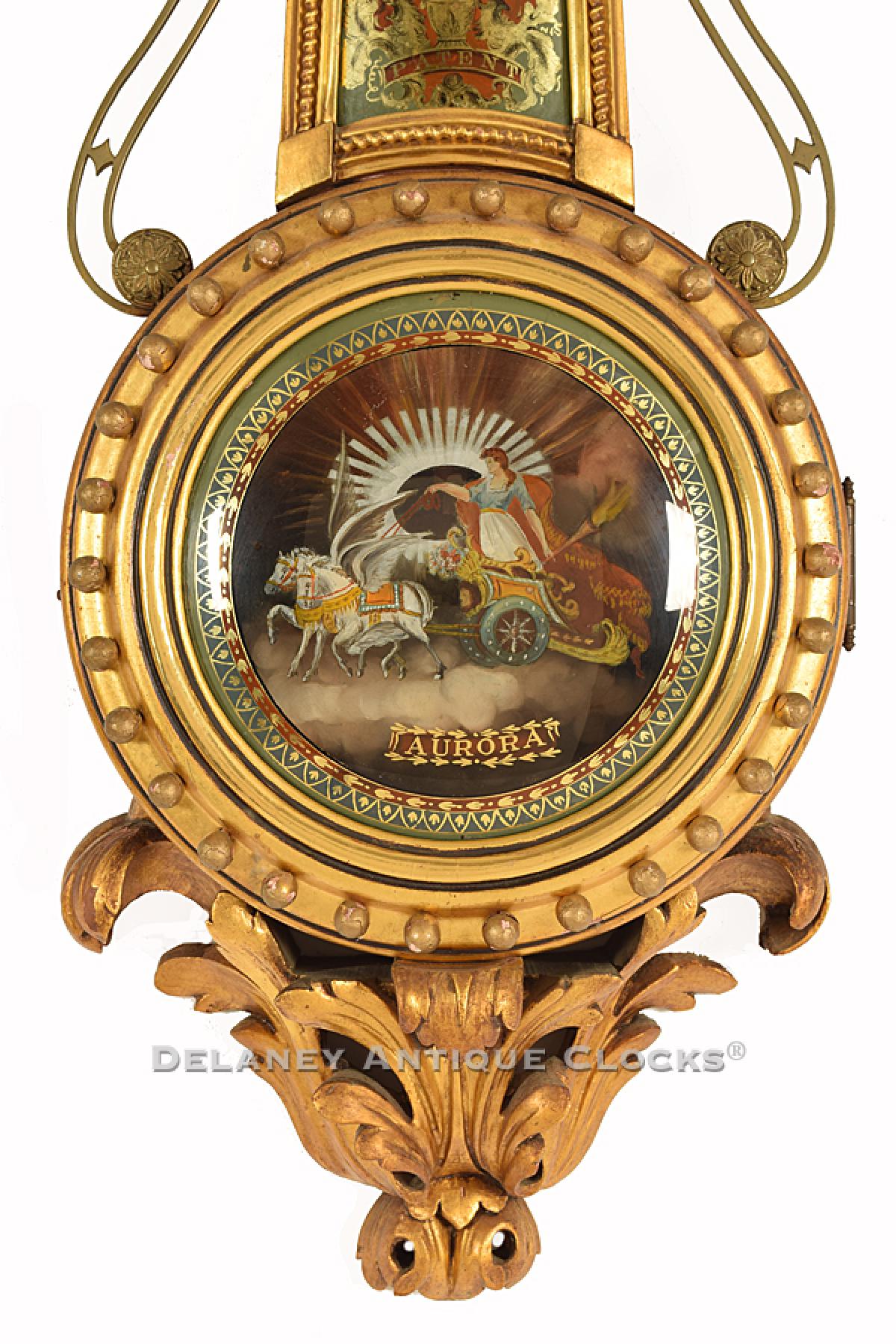 Reproduction Girandole wall timepiece tablet, Aurora. 221160. Delaney Antique Clocks.