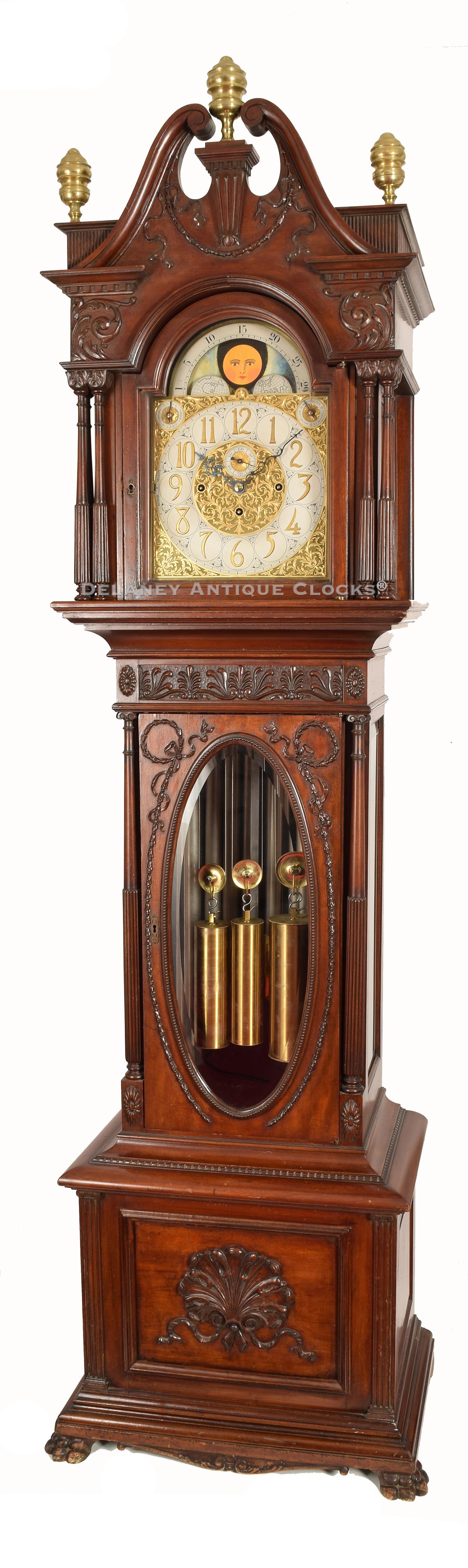 J. J. Elliott London movement. Harris and Harrington Pattern No. 9 mahogany case tall clock. 222037. Delaney Antique Clocks.