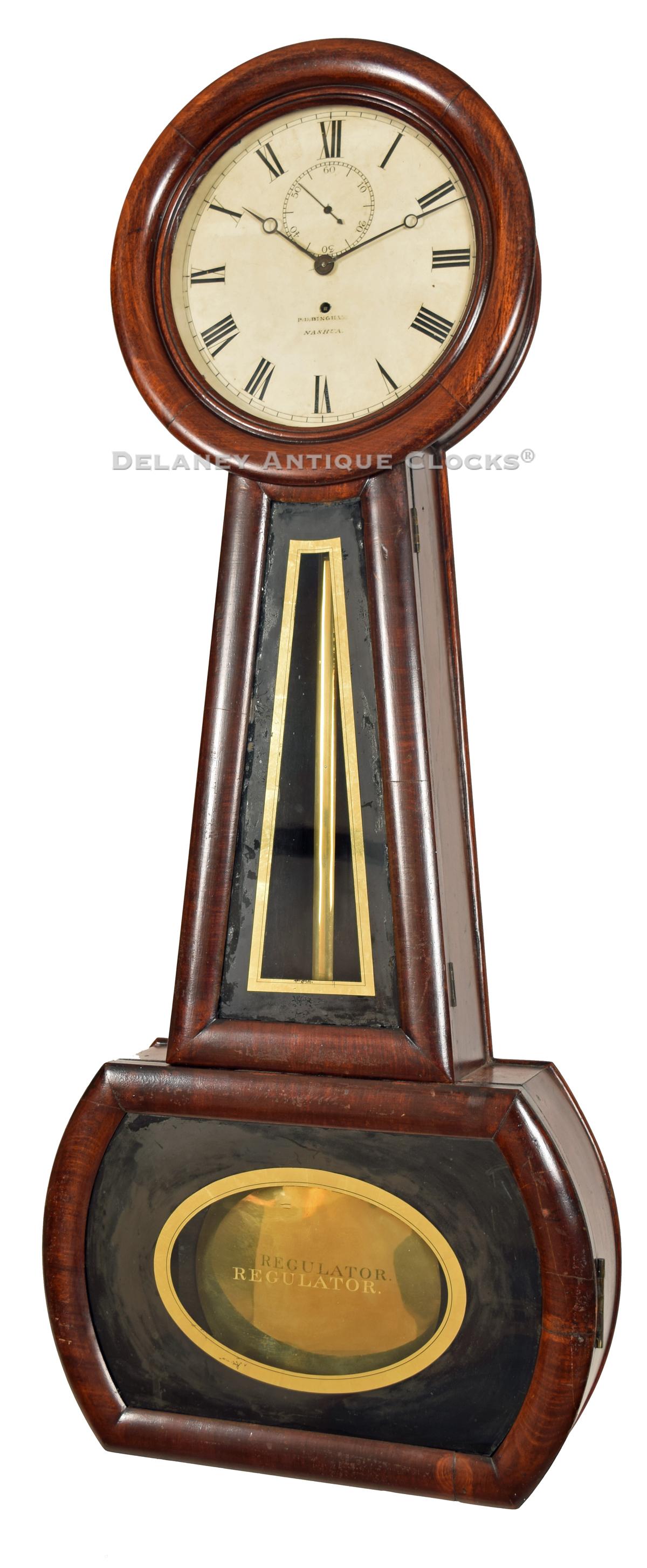 Belding D. (B.D.) Bingham Nashua, New Hampshire. A wall regulator banjo clock. CCC-60. Delaney Antique Clocks.