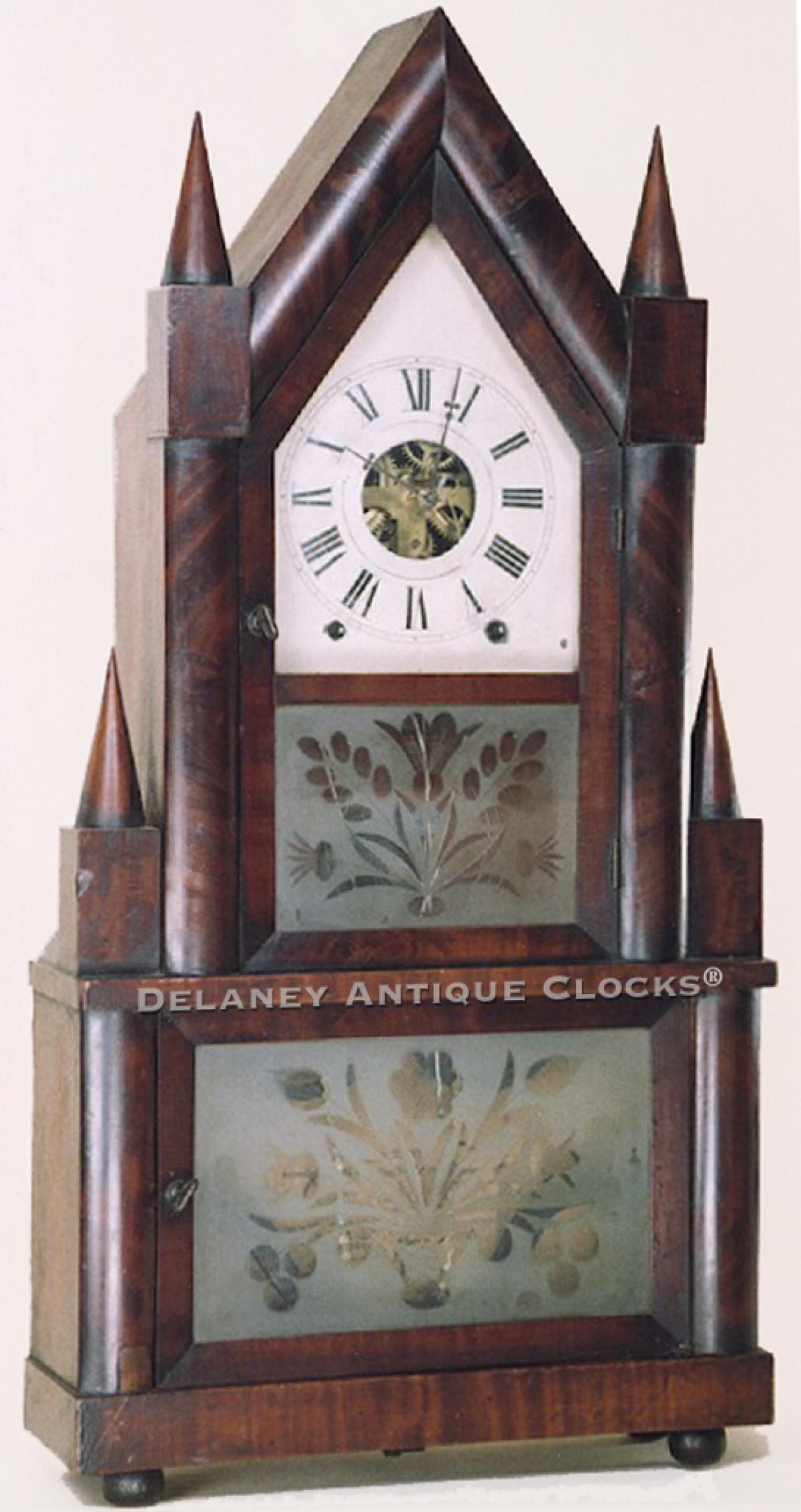 Birge & Fuller Steeple on Steeple Clock. Wagon spring power. Shelf clock. JJ-256. Delaney Antique Clocks.