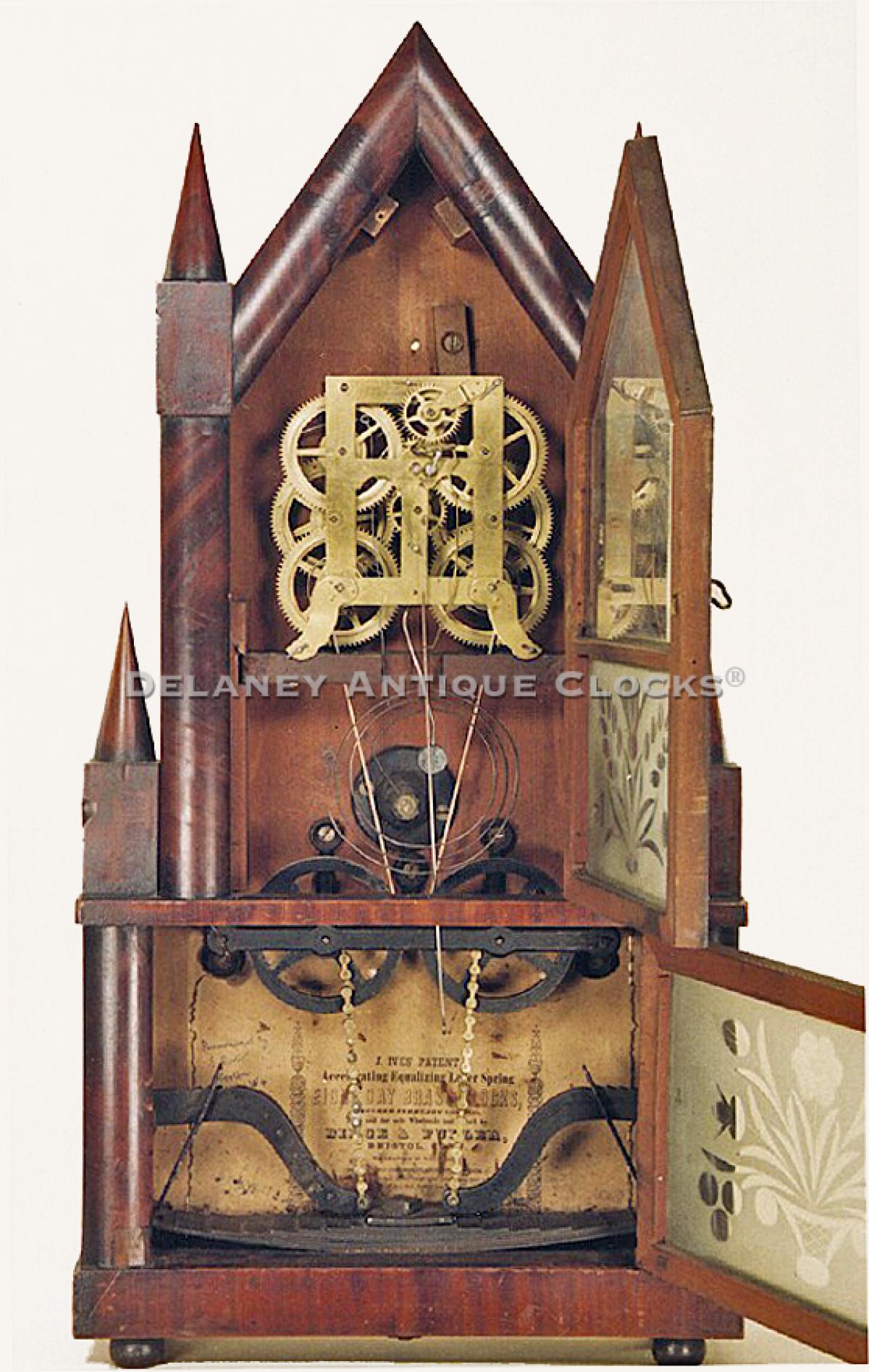 Birge & Fuller Steeple on Steeple Clock. Wagon spring power clock. JJ-256. Delaney Antique Clocks.