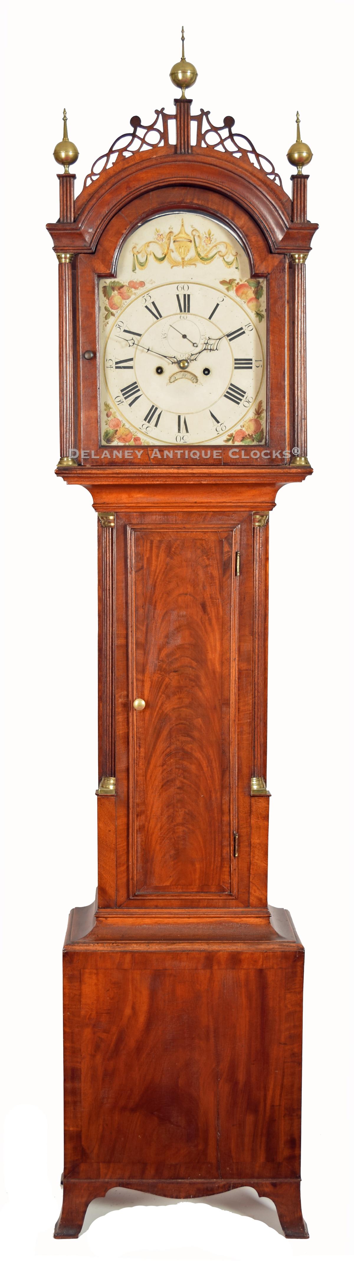 South Eastern Massachusetts tall case clock featuring a cross-banded mahogany case. NN-71. Delaney Clocks.