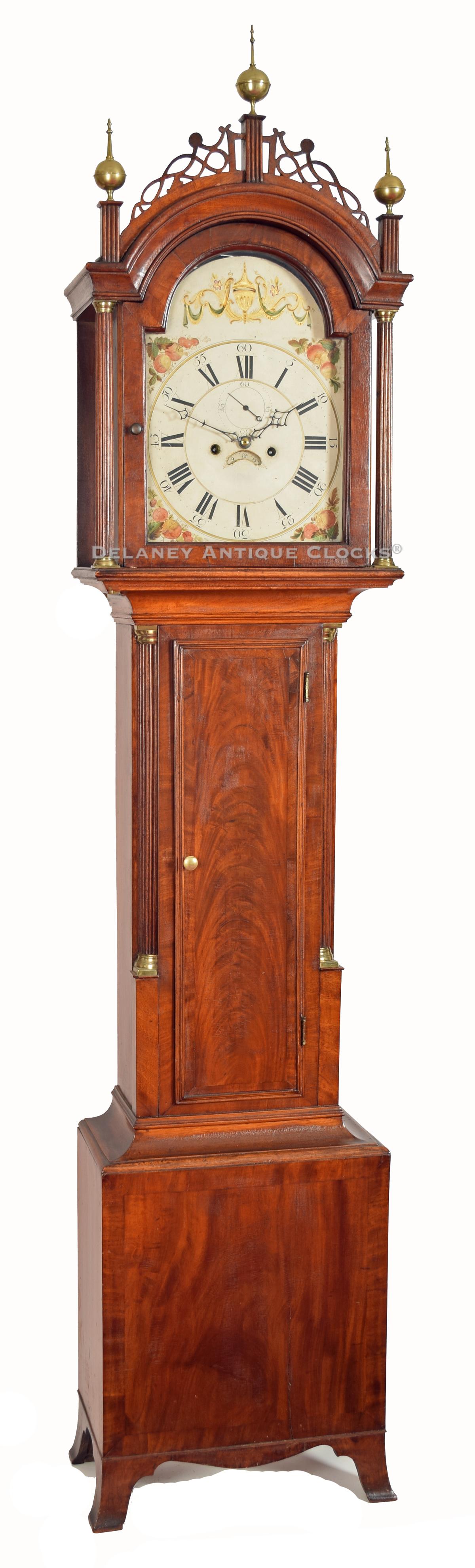 South Eastern Massachusetts Grandfather clock featuring a cross-banded mahogany case. NN-71.