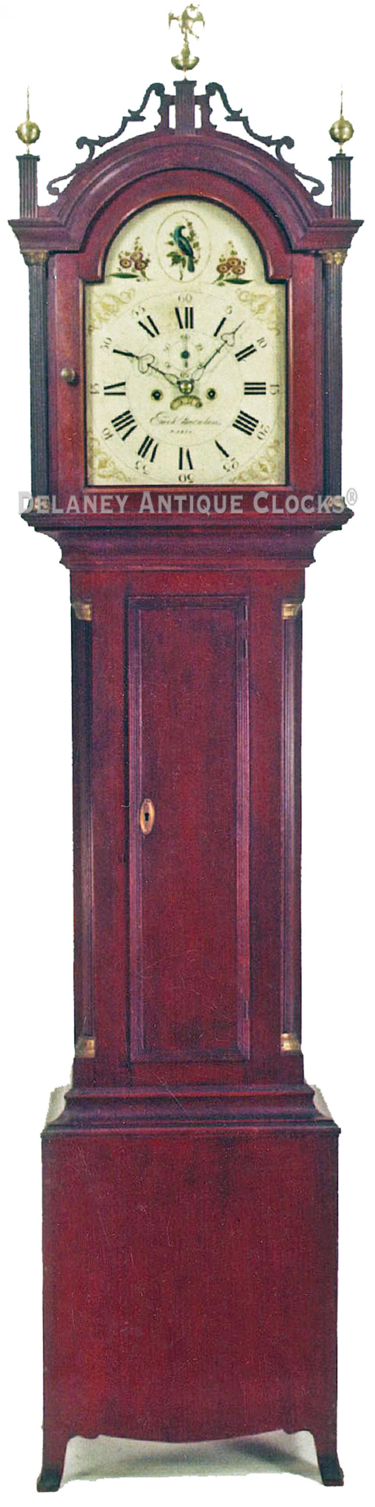 Enoch Burnham of Paris, Maine. A Maine made tall case clock in its original red wash. UU-55. Delaney Antique Clocks.