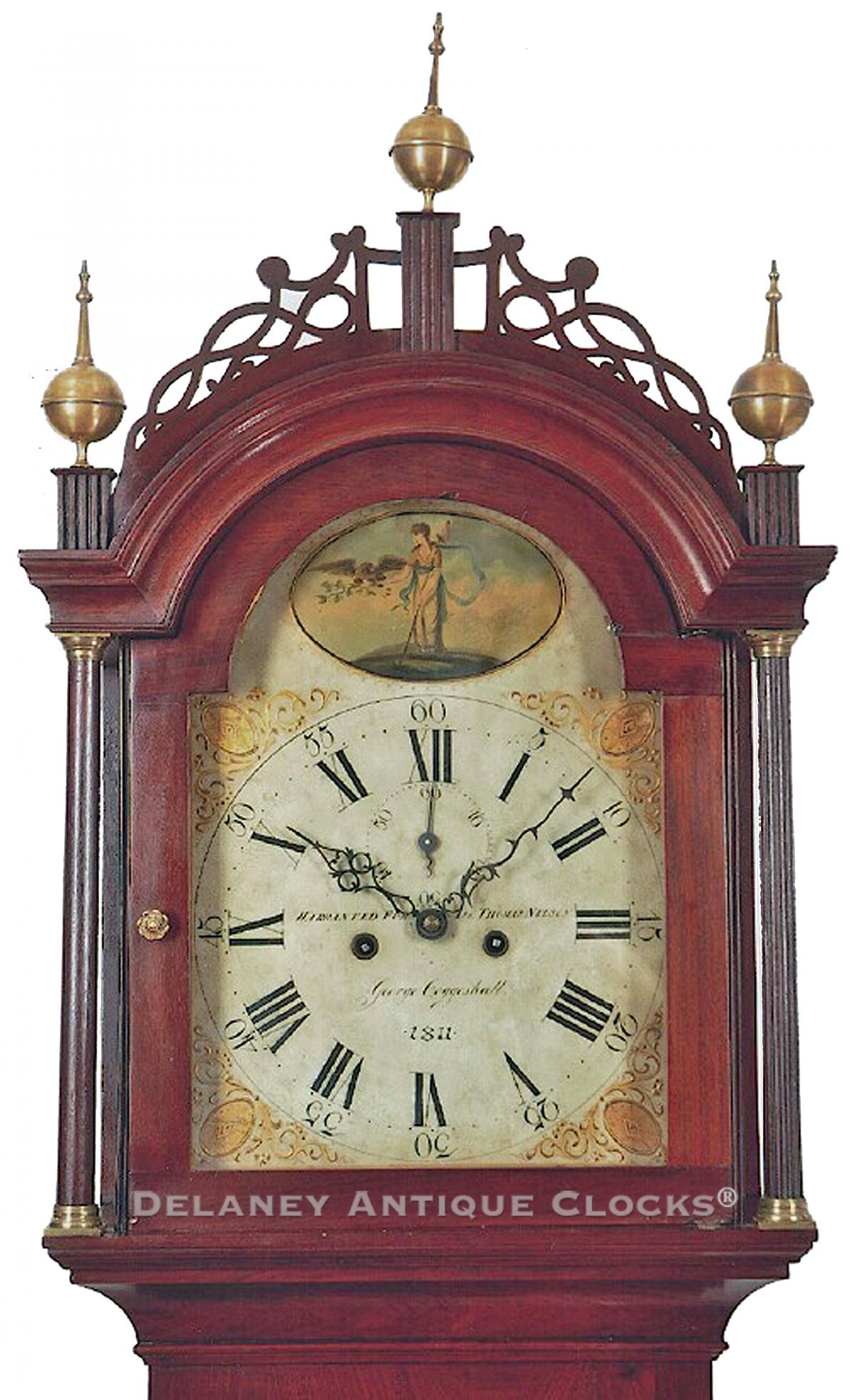 George Coggeshall of Bristol, Rhode Island. grandfather clock. "WARRANTED FOR DR. THOMAS NELSON / 1811."  213126.