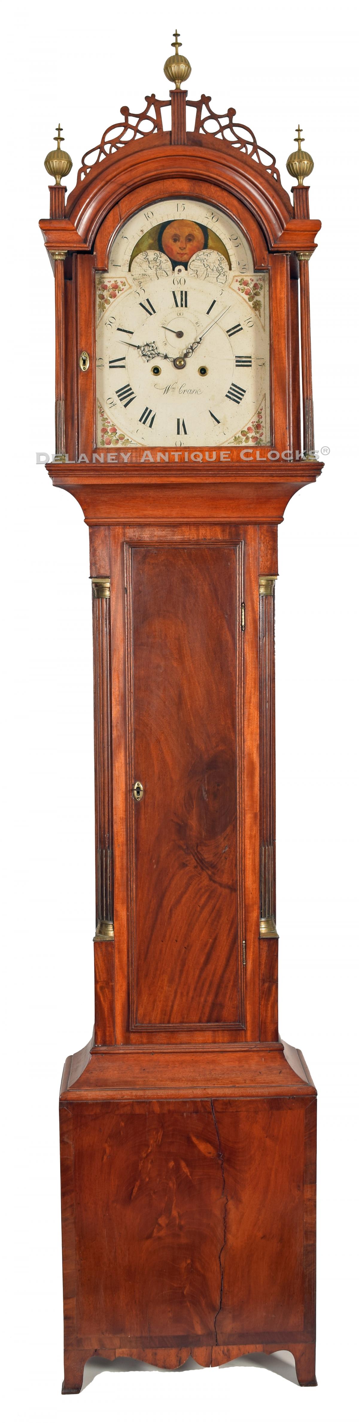 William Crane, Canton, Massachusetts. A mahogany case tall case clock with a moonphase dial. 222030. Delaney Antique Clocks.