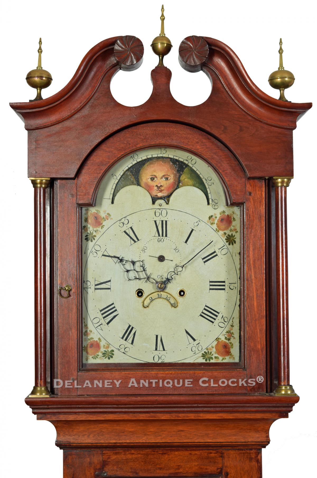  Exeter, New Hampshire birch case grandfather clock. This case is a country form. 222055.