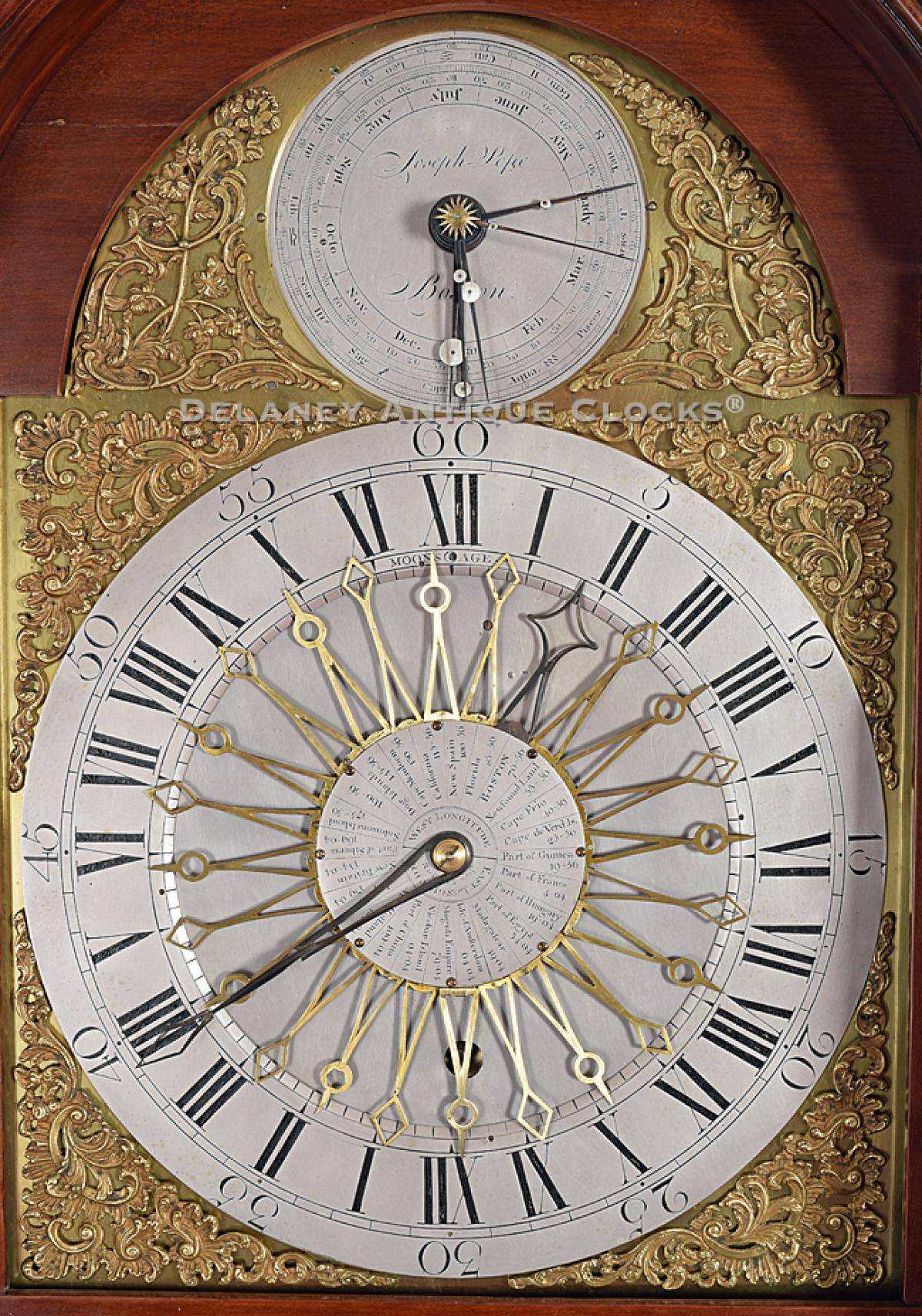 Joseph Pope tall clock made in 1780. AAA-20. Delaney Antique Clocks.