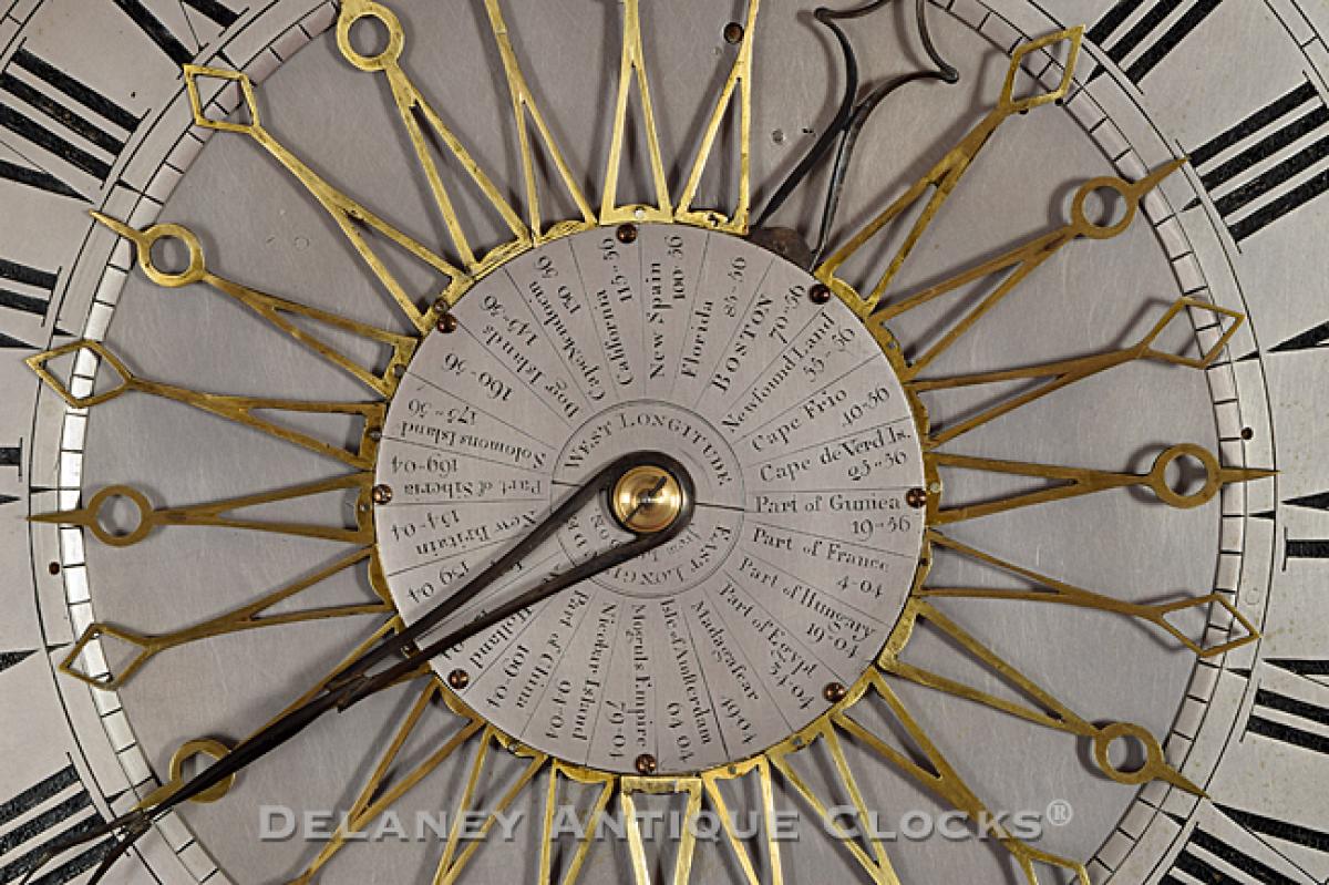 Joseph Pope tall clock dial showing twenty-four-hour hands, indicating the local time in twenty-four longitudes. AAA-20. Delaney Antique Clocks.