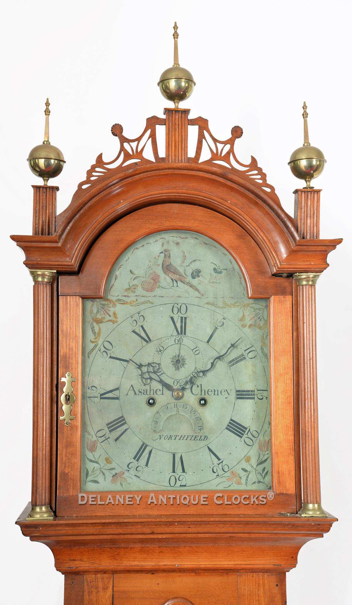 Asahel Cheney, Northfield, MA, Clockmaker. Cherry case tall clock. DD-160. Delaney Antique Clocks.