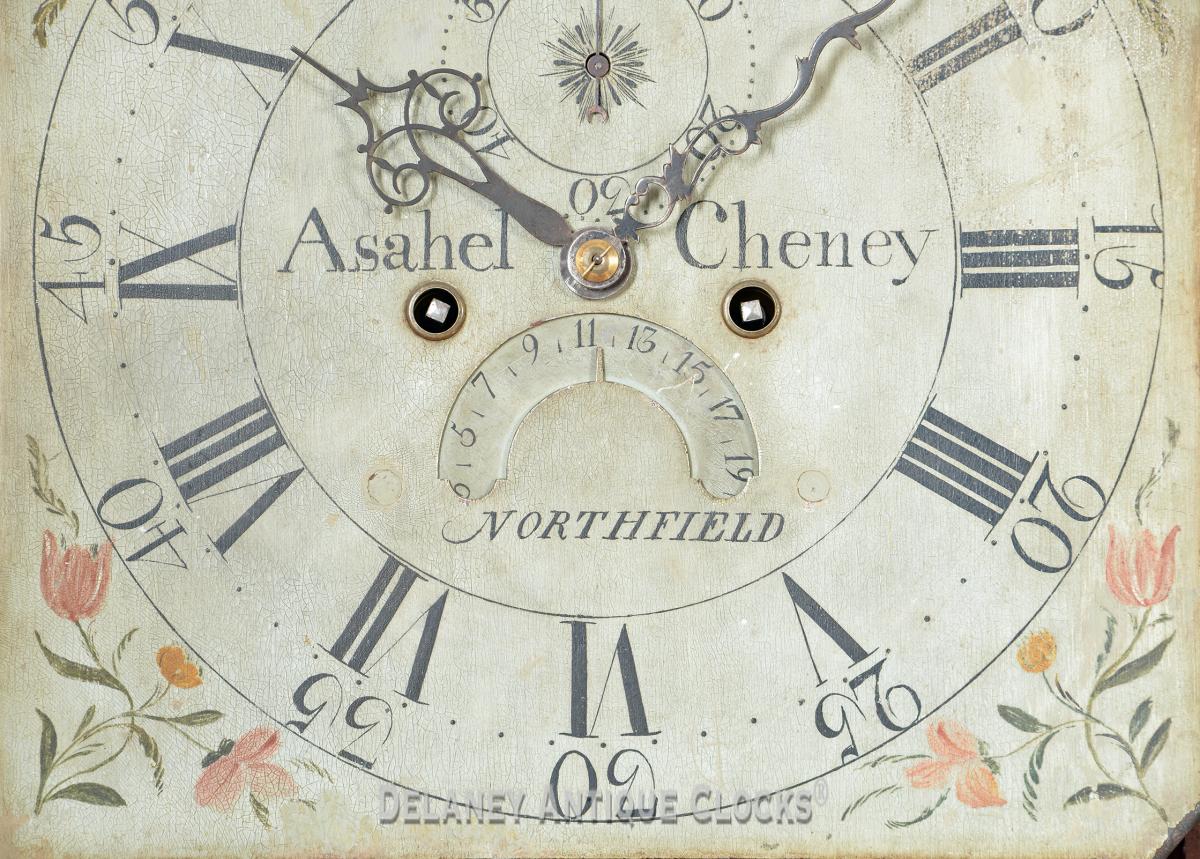 Asahel Cheney, Northfield, MA. Clock dial. DD-160. Delaney Antique Clocks.