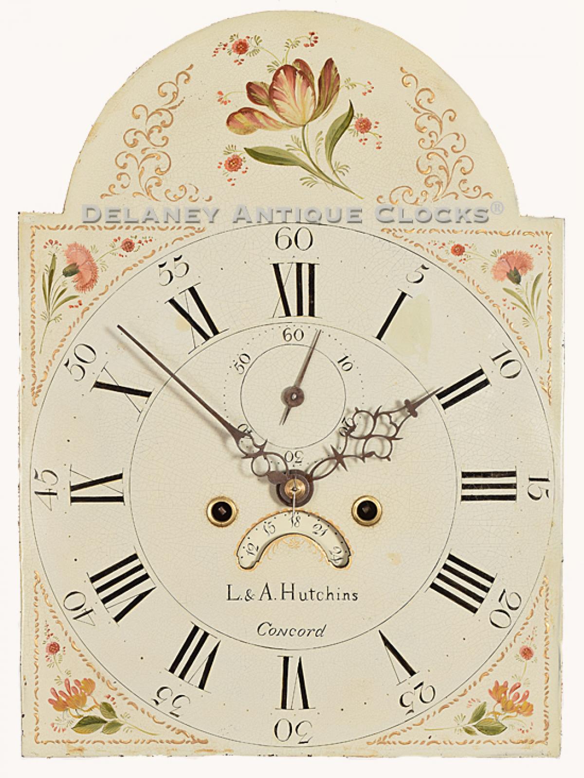 Levi & Abel Hutchins of Concord, New Hampshire. Tall clock dial. 220103. Delaney Antique Clocks.