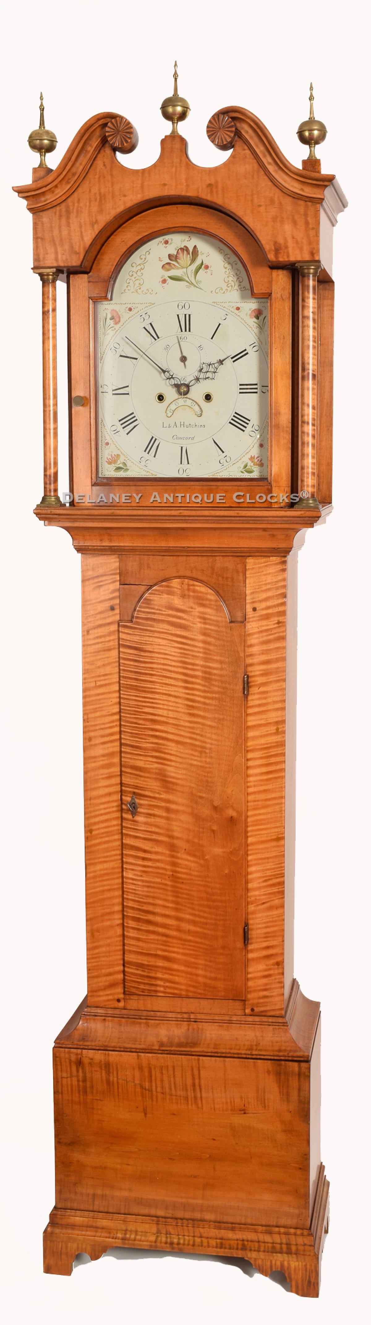 Levi & Abel Hutchins of Concord, New Hampshire. Tiger maple tall case clock. 220103. Delaney Antique Clocks.