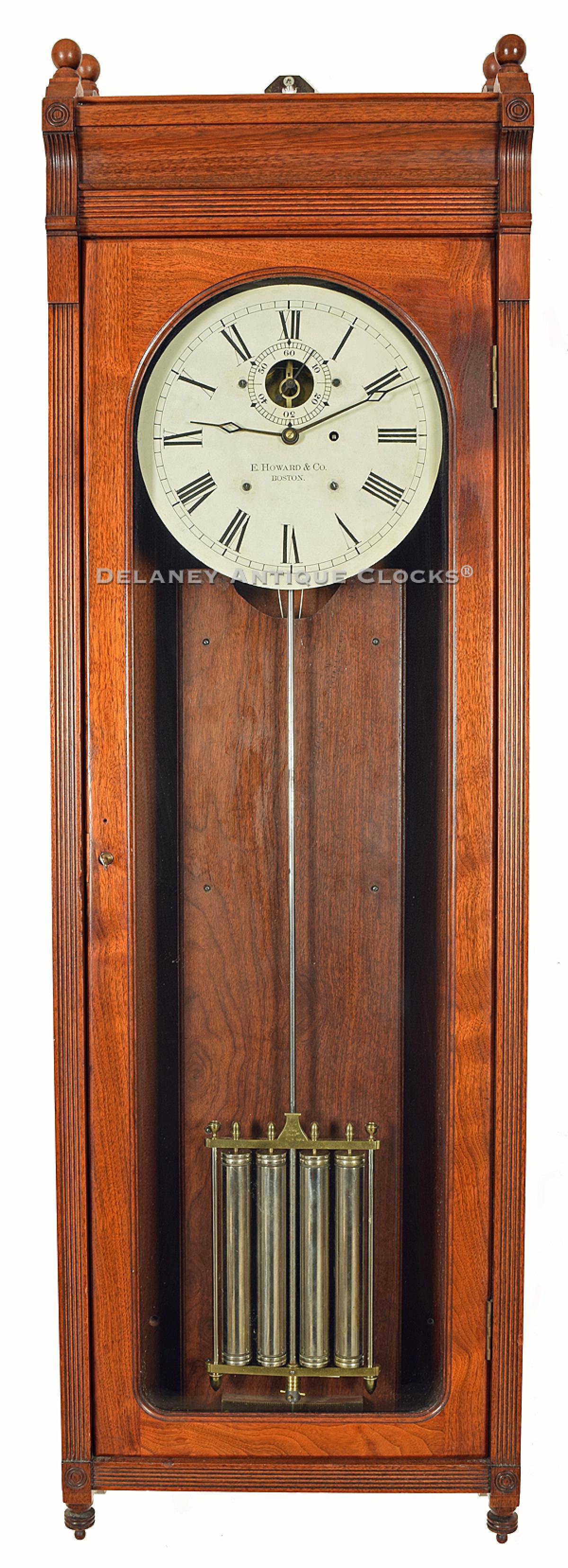 E. Howard Clock Company Boston. The Model No. 89. Railroad Regulator. Fitted up on 1\/7\/1910 and featuring a 4 jar mercury pendulum and a minute contact. 221112. Delaney Clocks.