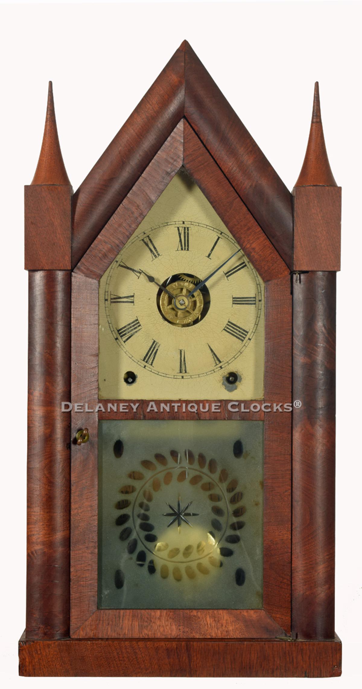 Turner’s Patent 8-day alarm. Sharp Gothic or Steeple Clock made by Chauncey Jerome of New Haven, Connecticut. AAA-24