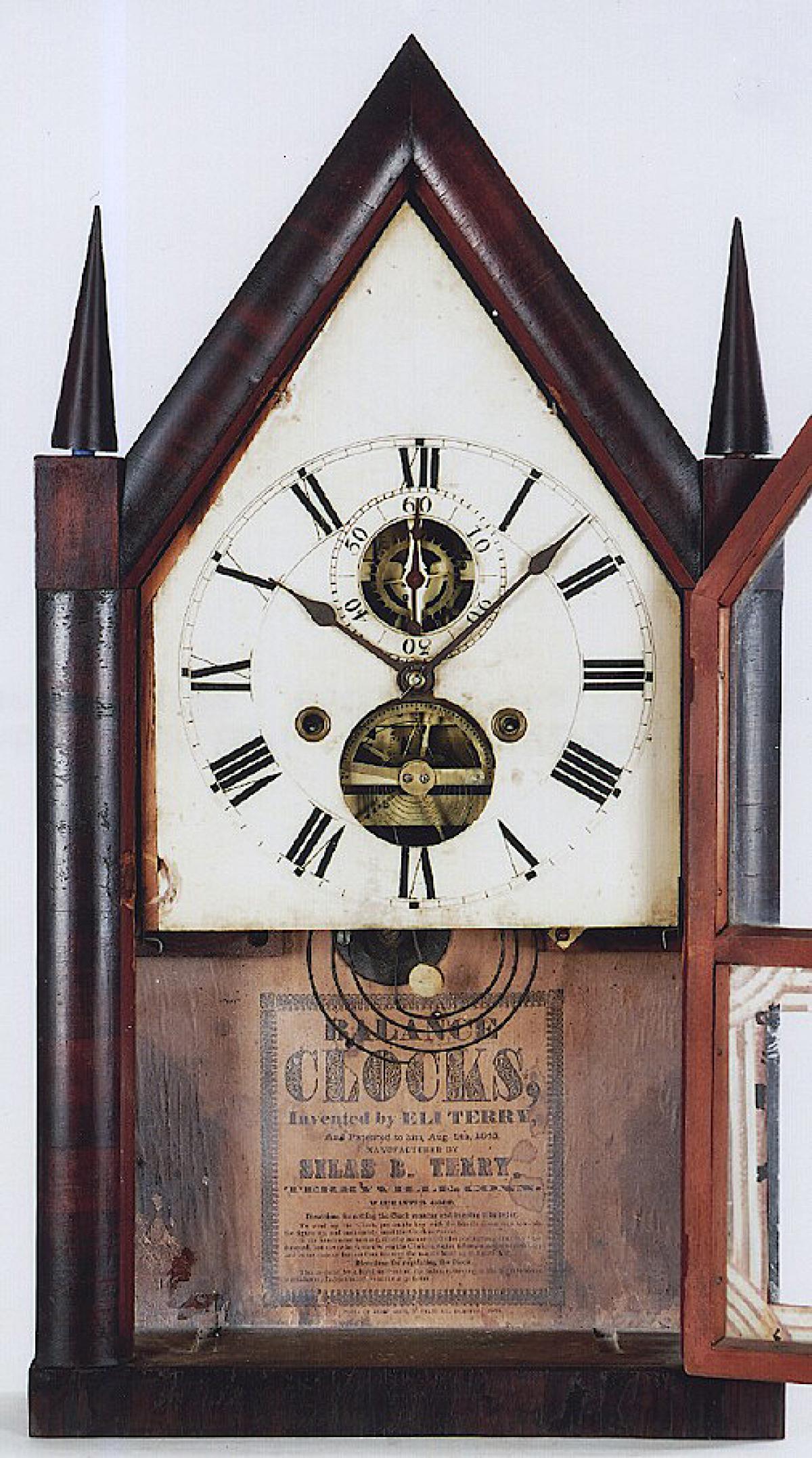 S. B. Terry Fusee with balance wheel escapement. Steeple Clock. TT-160. Delaney Antique Clocks.