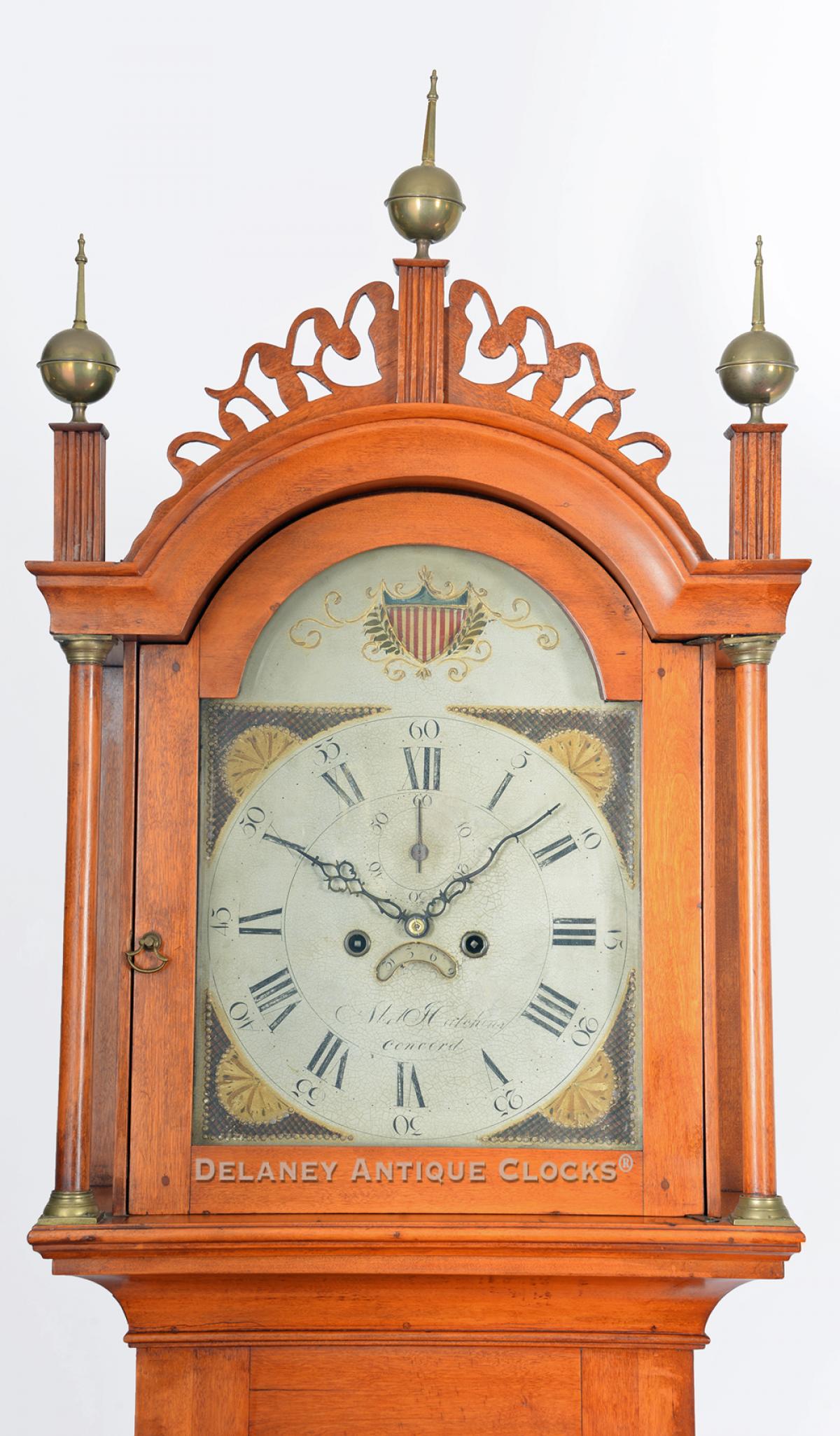 Abel Hutchins of Concord, NH. A tiger maple cased Grandfather clock. XXSL-63. Delaney Antique Clocks.