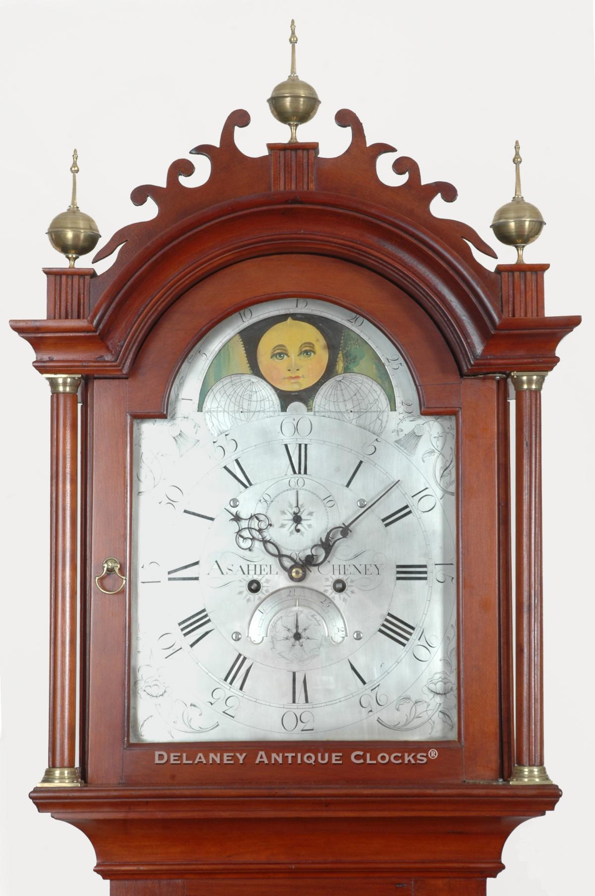 Asahel Cheney, Putney, Vermont. A cherry case tall clock with moon phase dial. 29107. Delaney Antique Clocks.