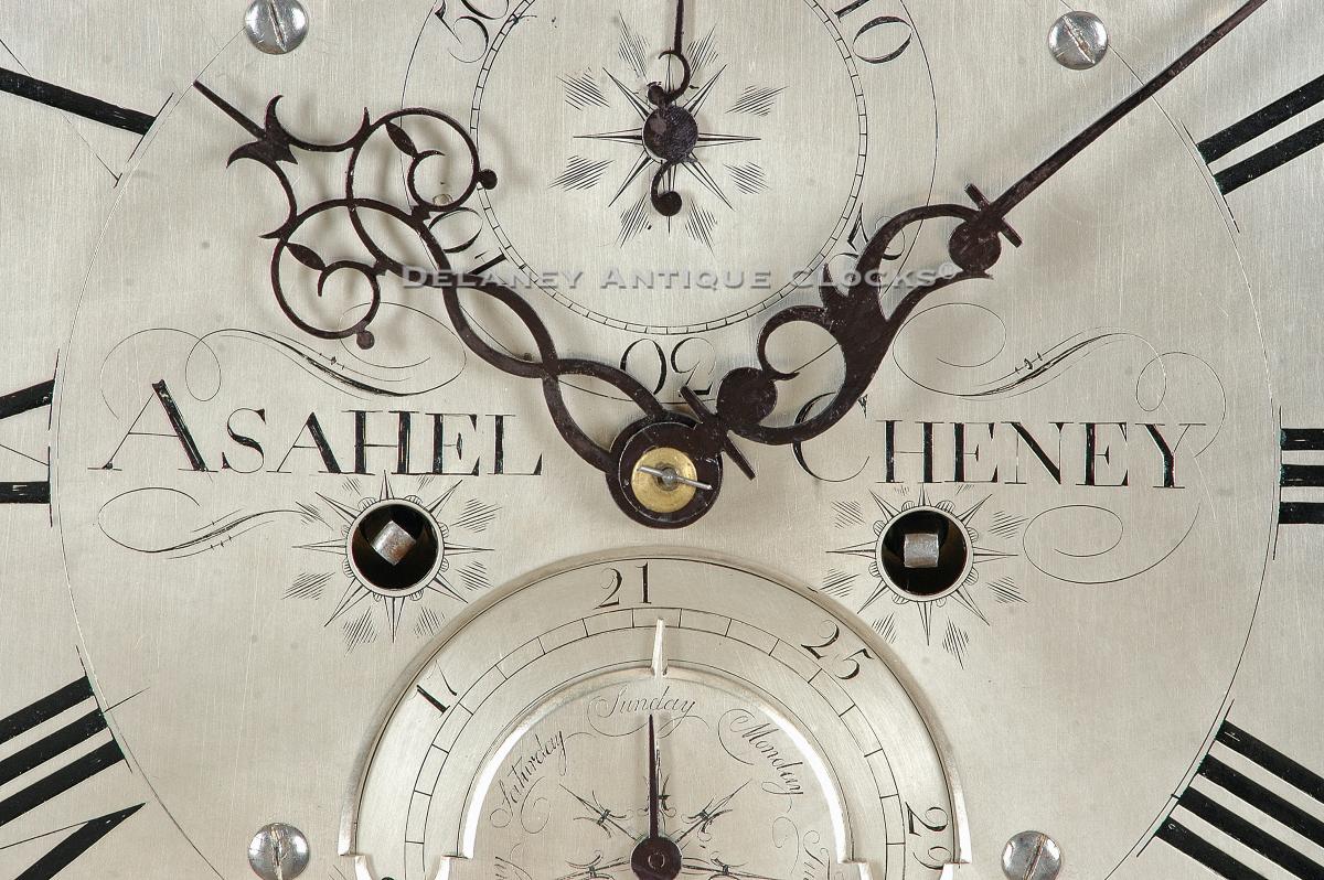 Asahel Cheney, Putney, Vermont. A cherry case tall clock dial. 29107. Delaney Antique Clocks.