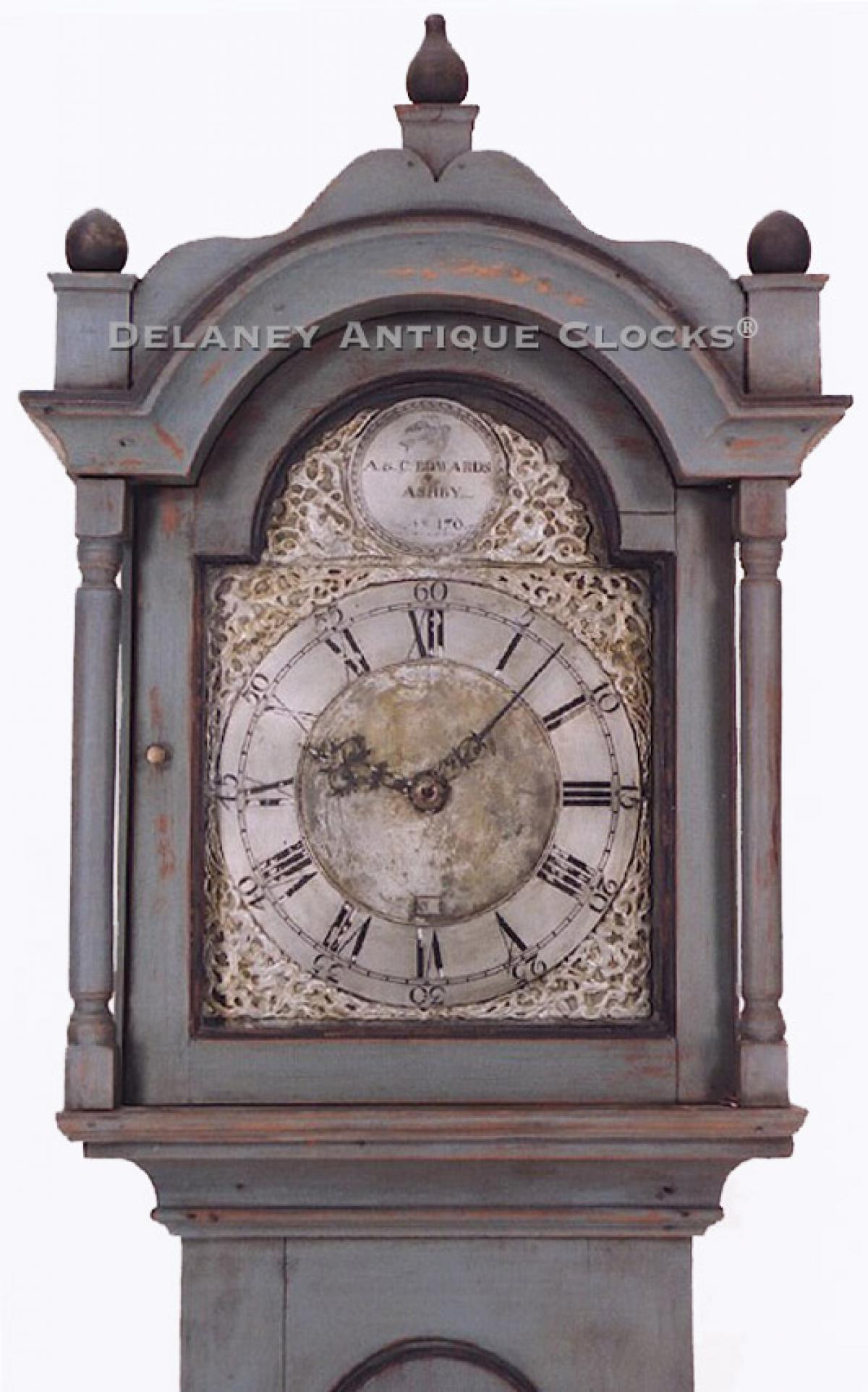 A & C Edwards No. 170. Ashby, MA. Clockmakers. Robin's-egg blue painted case tall clock. Delaney Antique Clocks.