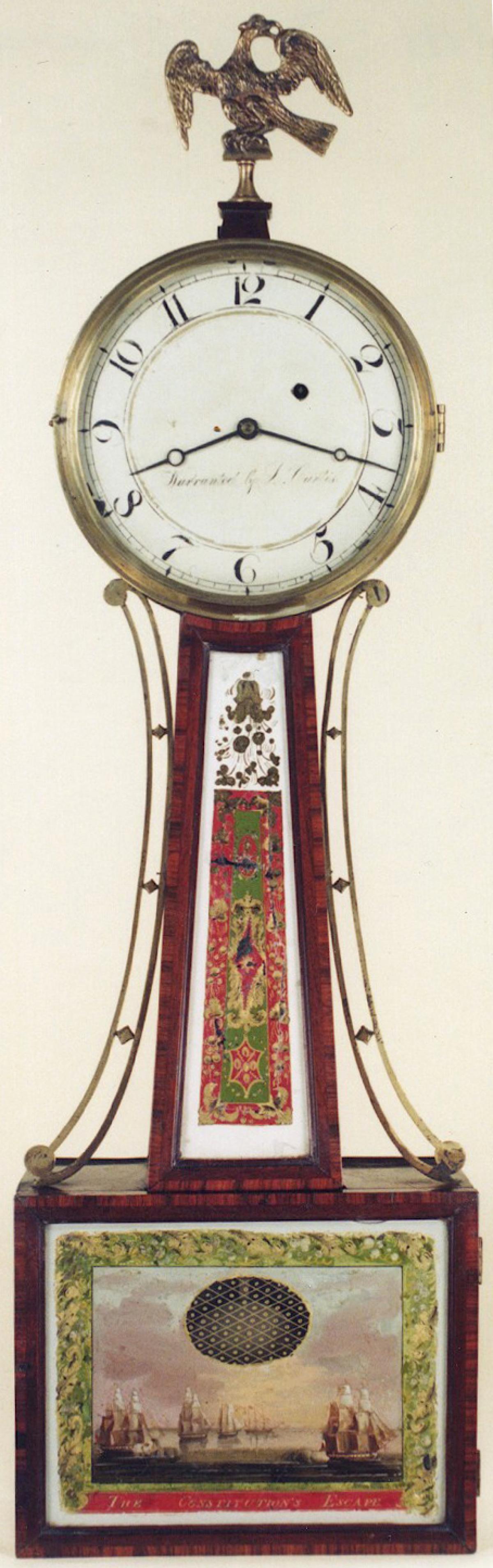 Lemuel Curtis of Concord, MA. Signed on the dial, "Warranted By L. Curtis." A wall timepiece or banjo clock. HH-71. Delaney Antique Clocks.