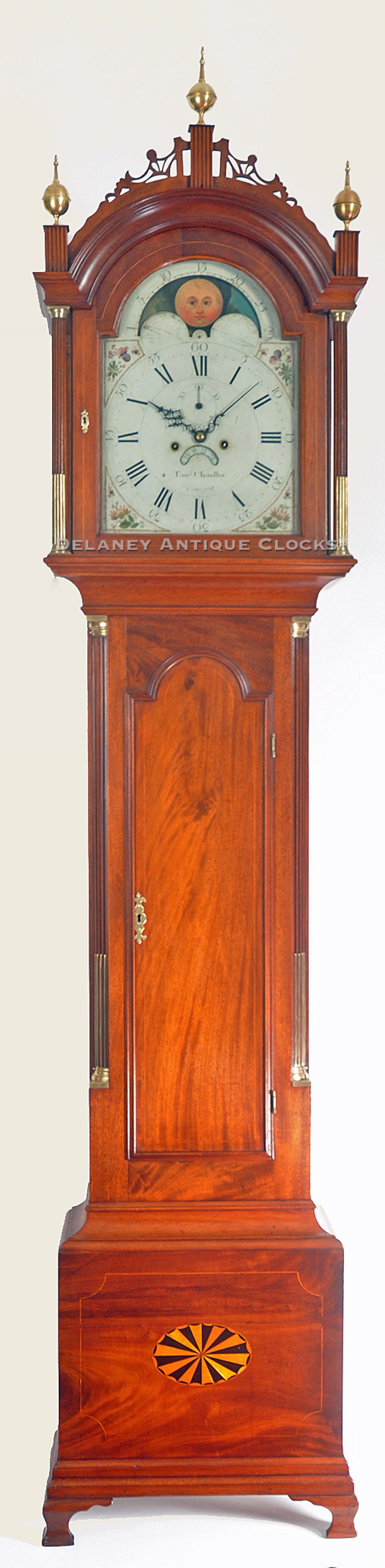 Timothy Chandler of Concord, New Hampshire. An inlaid mahogany case made by Choate & Martin. Their cabinetmakers label pasted inside the case. SS-134.