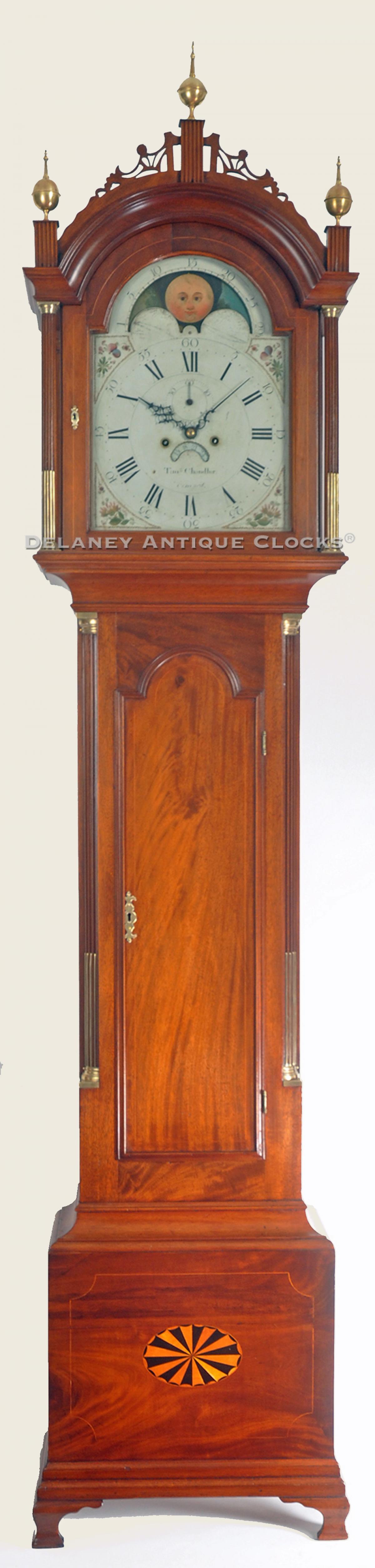 Timothy Chandler of Concord, New Hampshire. An inlaid mahogany case made by Choate & Martin. Their cabinetmakers label pasted inside the case. SS-134. Delaney Antique Clocks.