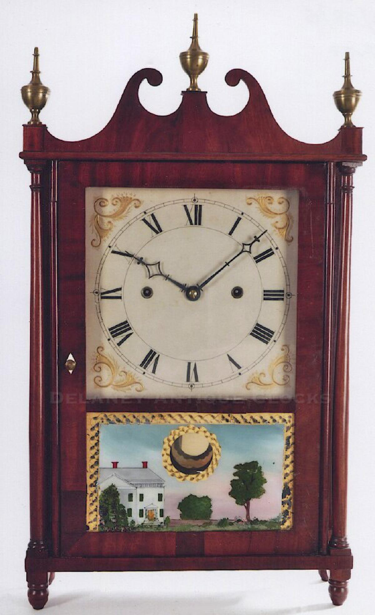 Joseph Ives pillar & Scroll. Rare. Lever or cantilever spring powered. TT-187. Delaney Antique Clocks.