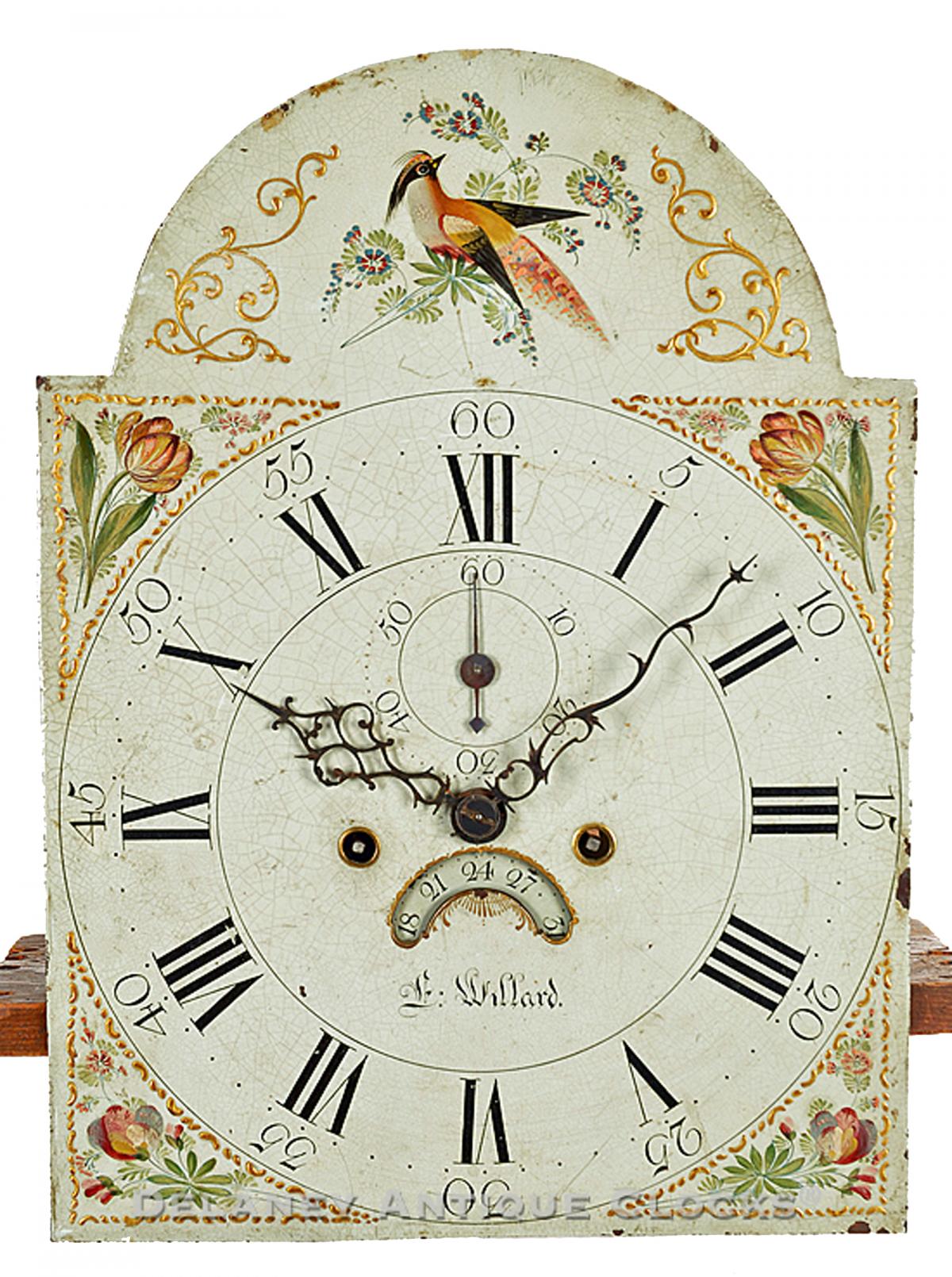 Ephraim Willard tall clock dial UU-26. Delaney Antique Clocks.