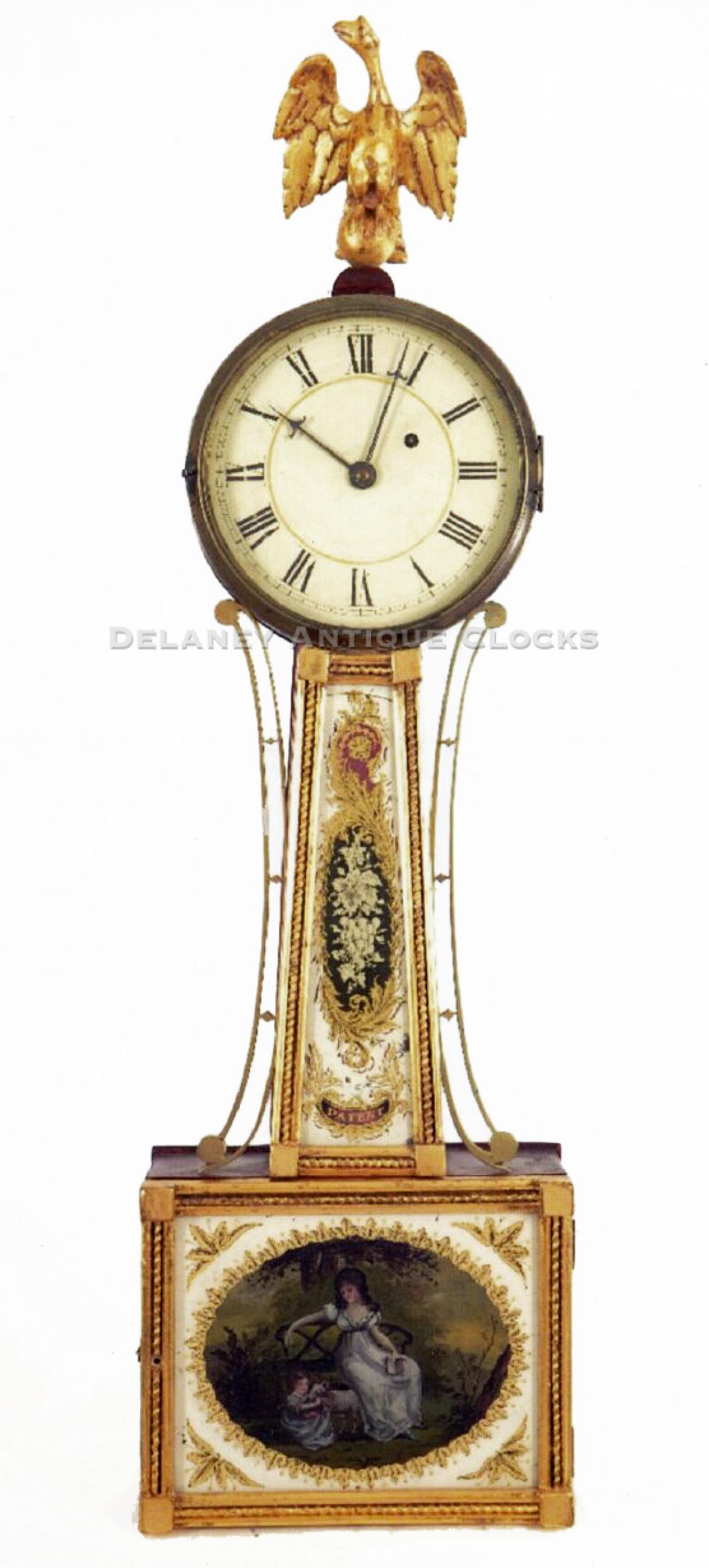 Lemuel Curtis Timepiece Concord, MA. A banjo clock. XX-5. Delaney Antique Clocks.