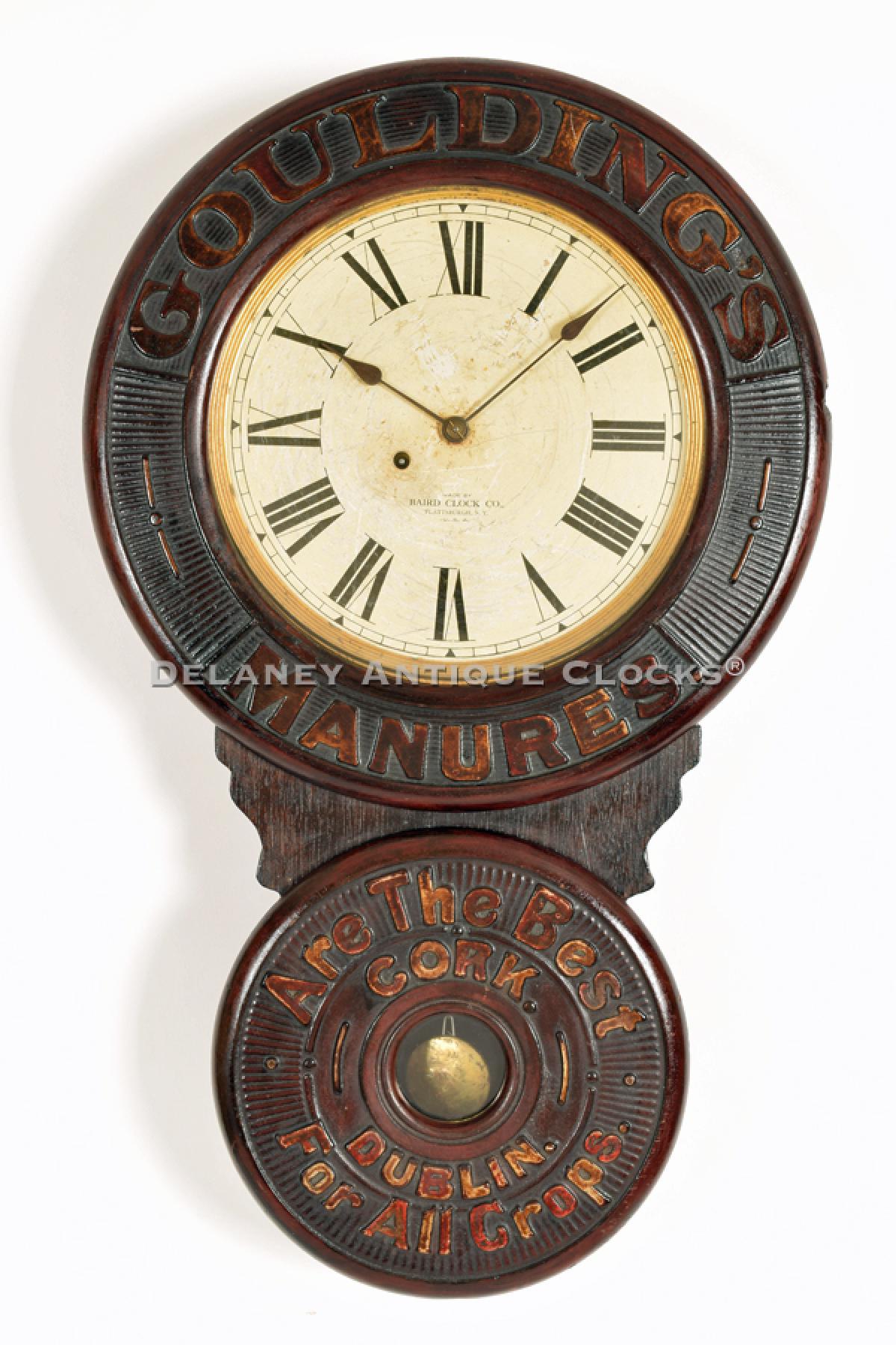 Goulding's Manures. Baird Clock Company, Plattsburg, NY. 219083. Delaney Antique Clocks.