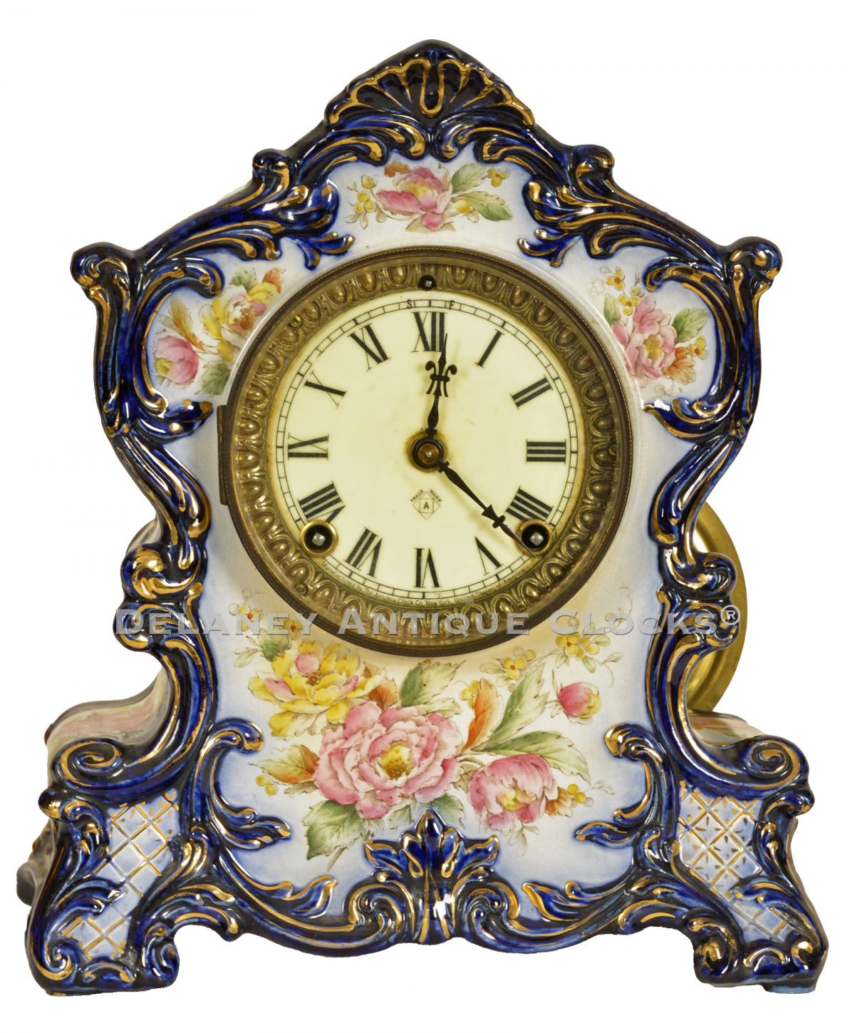 Ansonia Clock Company, New York. The Wyoming in cobalt blue. 220099. Delaney Antique Clocks.