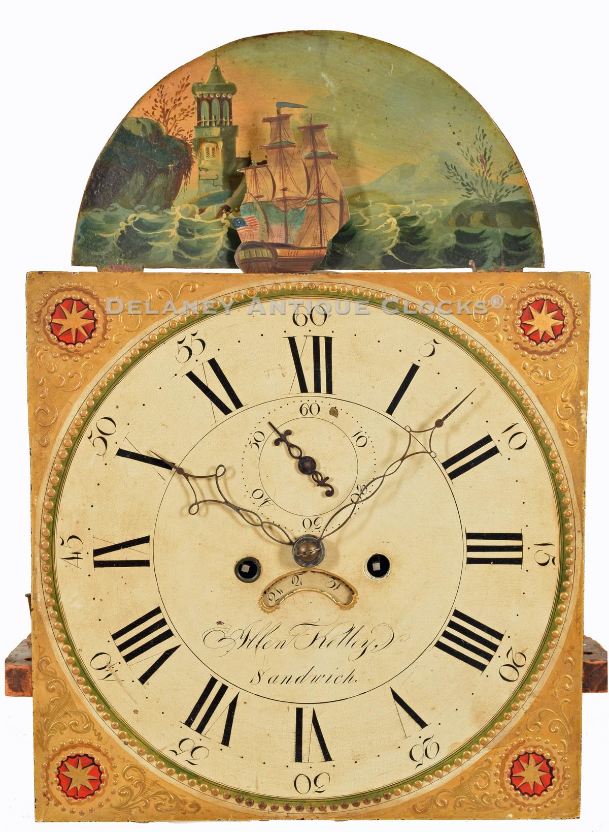 Allen Kelley of Sandwich, MA. Tall clock rocking ship dial. VV-3. Delaney Antique Clocks.