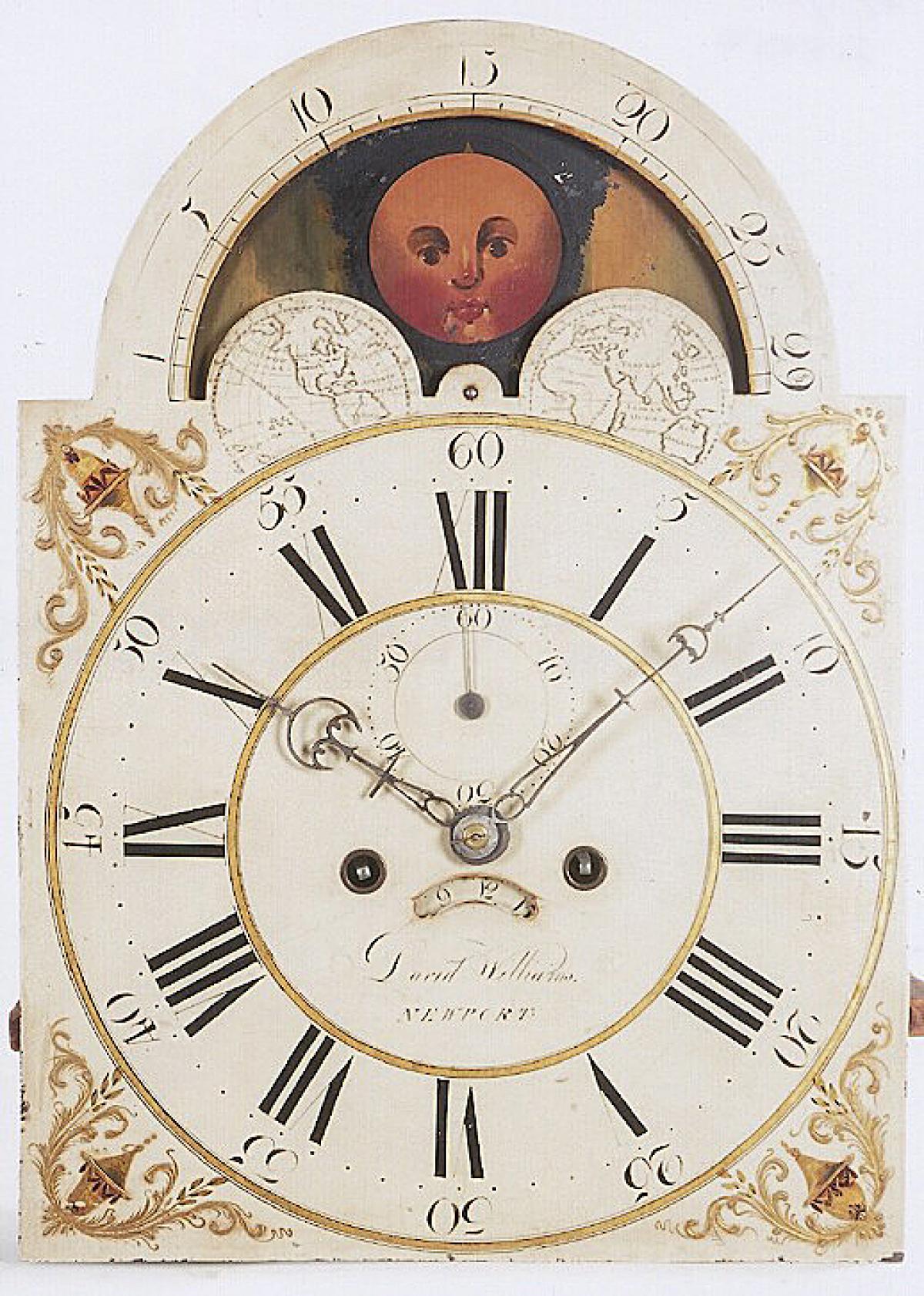 David Williams of Newport, Rhode Island. Tall clock with lunar dial. 223013. Delaney Antique Clocks..