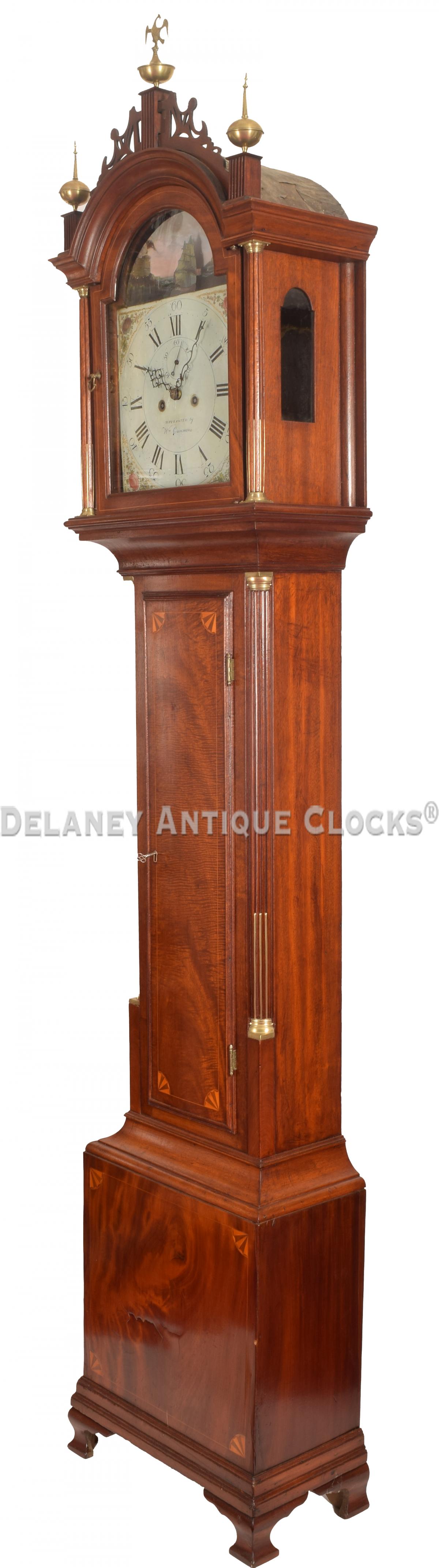 William Cummens of Roxbury, MA. Rocking ship dial. Captain George Coggeshall's tall clock. 219027. Delaney Antique Clocks.