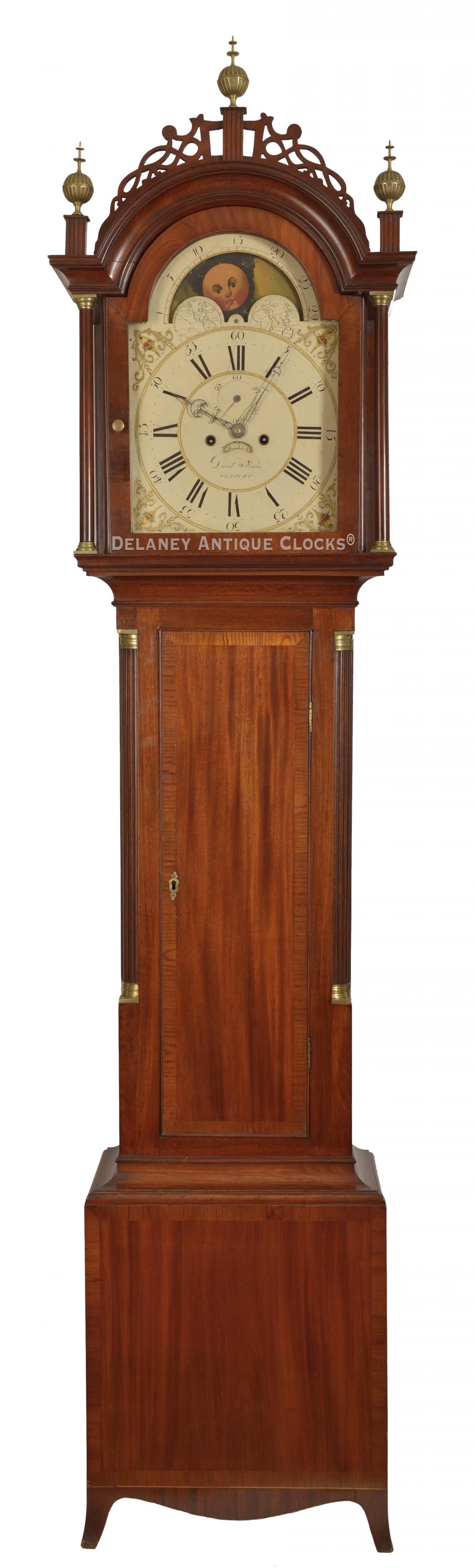 David Williams of Newport, Rhode Island. A cross-banded mahogany case tall clock with lunar dial. 223013. Delaney Antique Clocks..