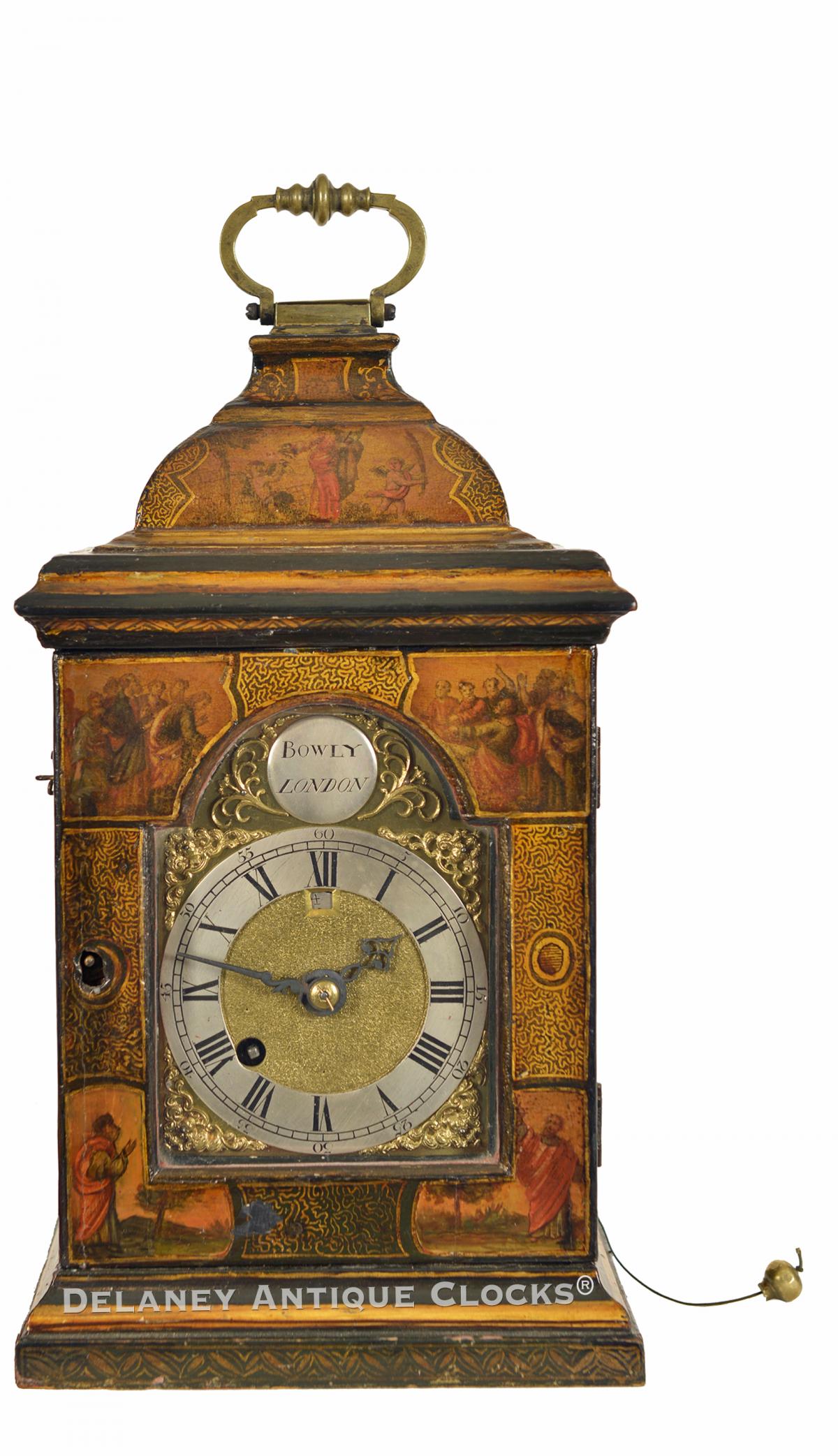 An exceptional gilt lacquer repeating table clock of rare small size by Devereaux Bowley, London, circa 1750. 223016. Delaney Antique Clocks.