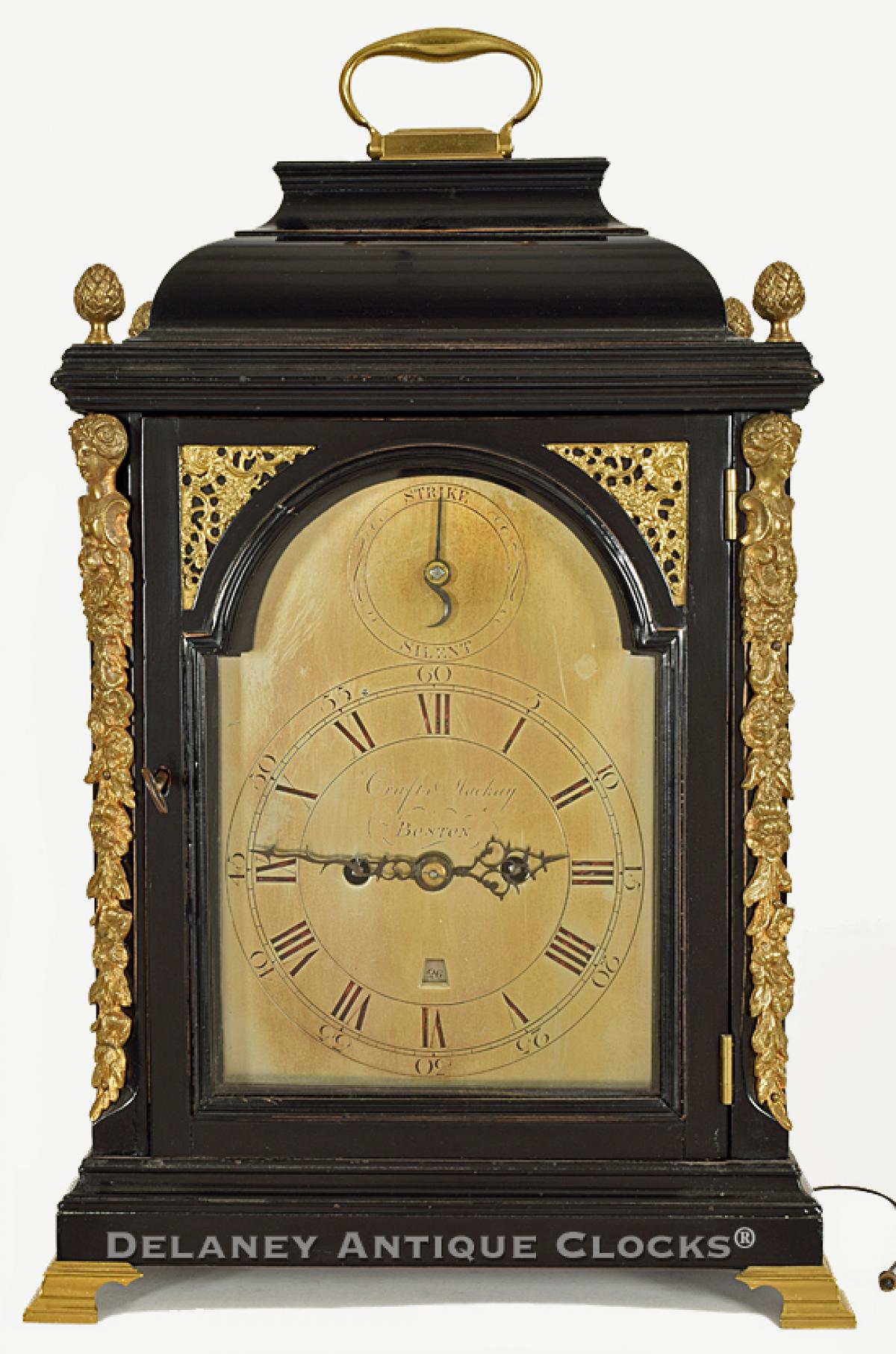 Crafts Mcckay, Boston. This superb Bracket Clock has an engraved brass dial signed by the Boston Clockmaker, "Crafts Mackay."  NN-102.